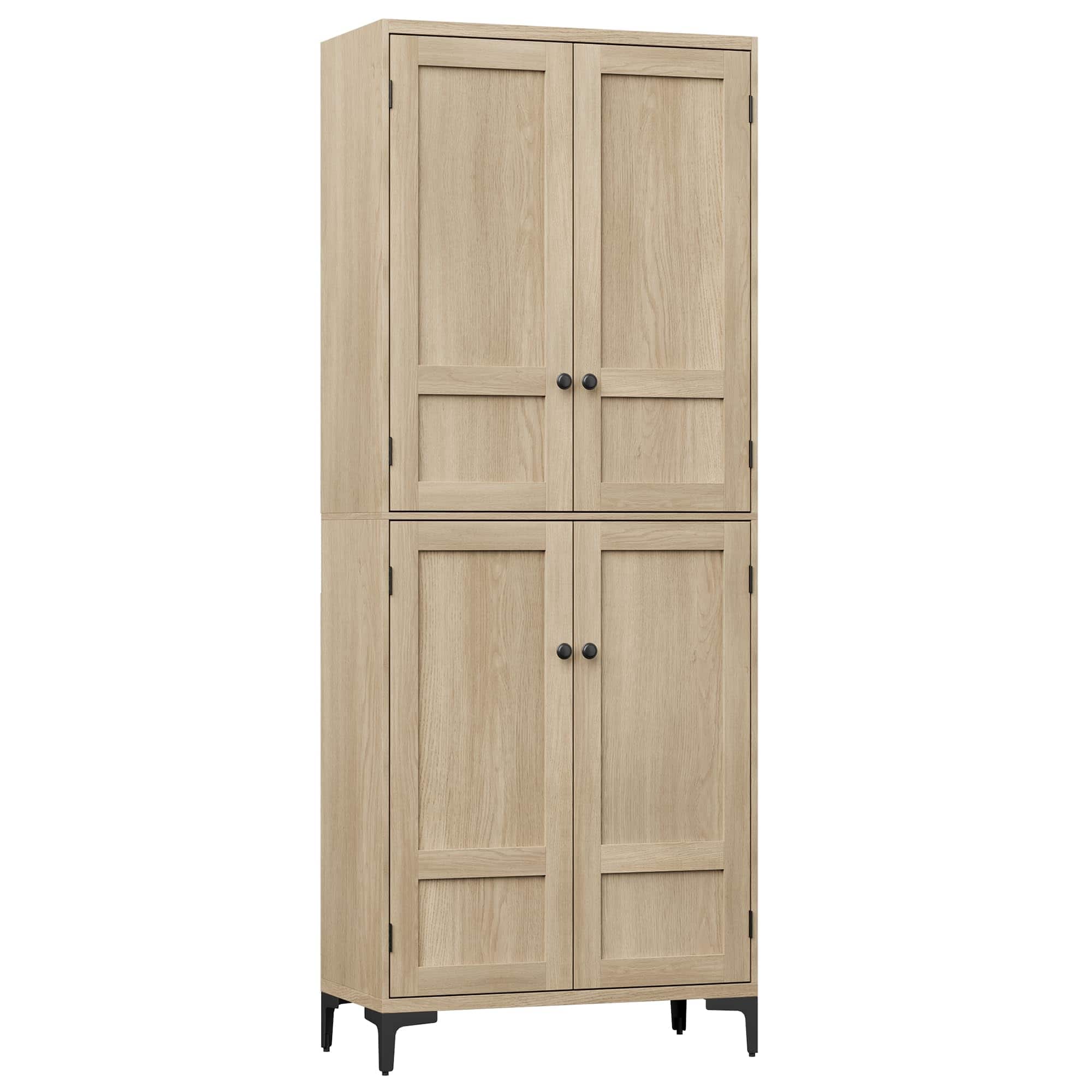 Jojoka - 63" Tall Kitchen Pantry Cabinet with 4 Wood Doors & Adjustable Shelves, 5 Tier Freestanding Storage Cupboard - Pear Wood