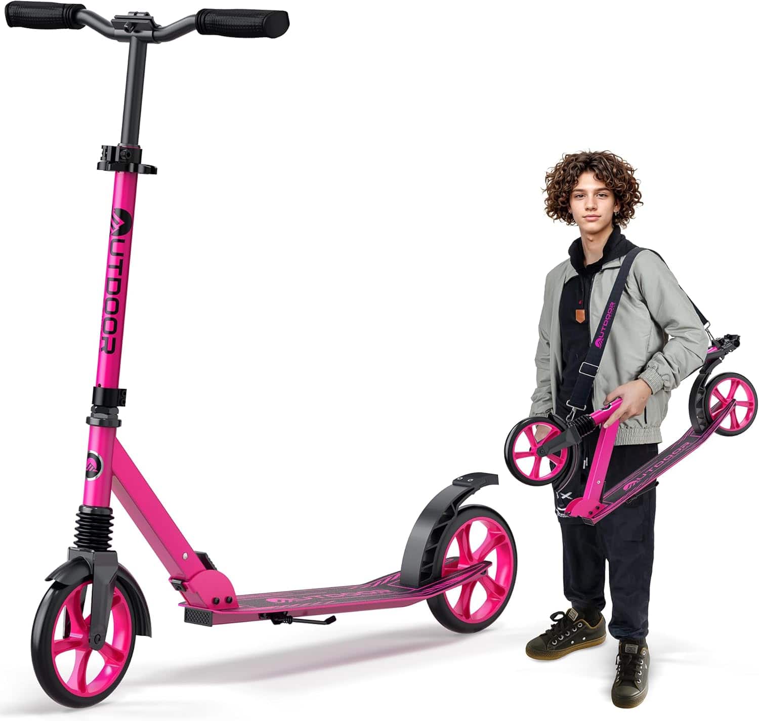 Outdoor Cruiser - Kick Scooter – Foldable, 8" Wheels, 3-Level Adjustable, for Ages 6+, Teens & Adults, 250 lbs Max - Pink
