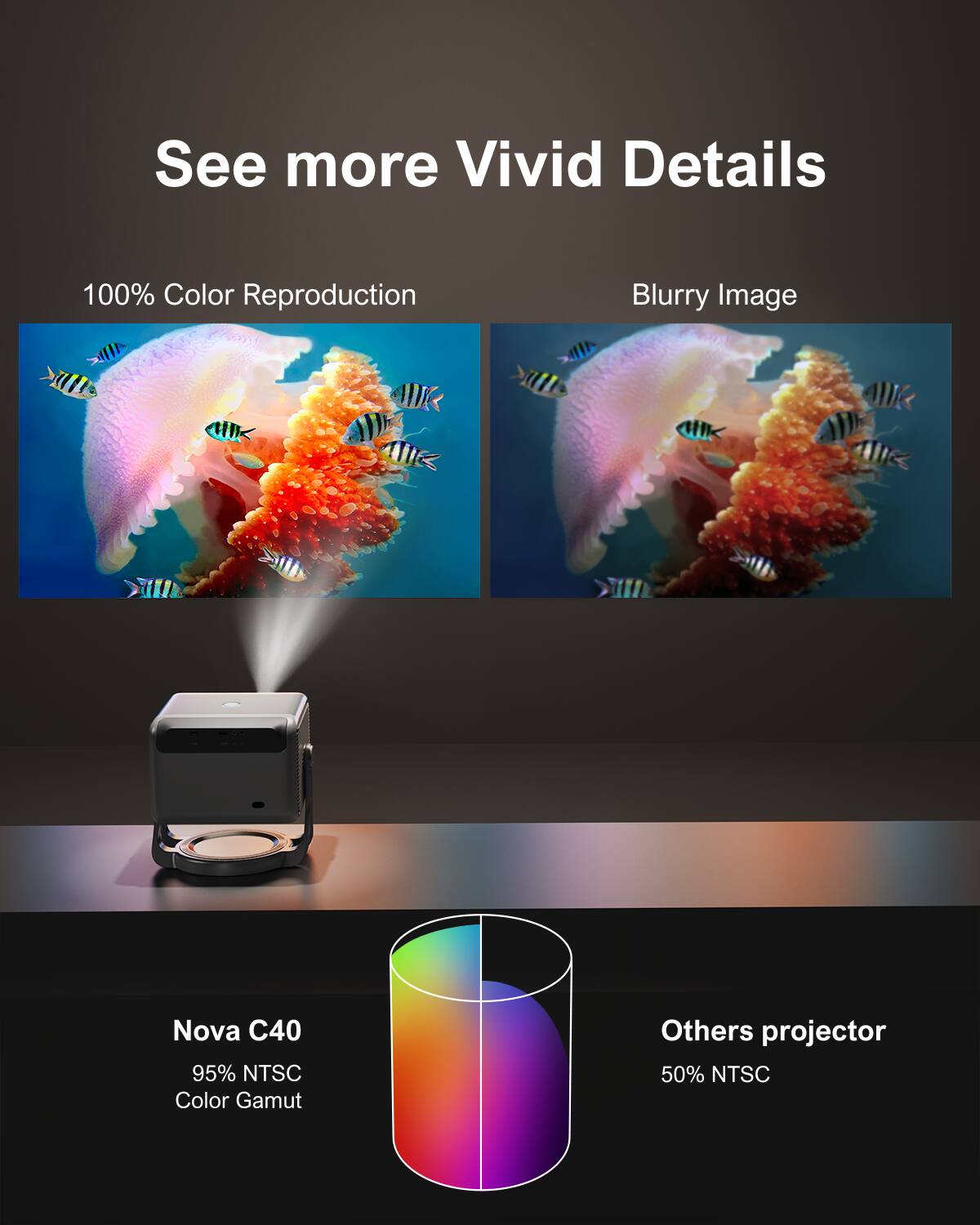See more Vivid Details

100% Color Reproduction

Blurry Image

Nova C40
95% NTSC Color Gamut

Others projector
50% NTSC