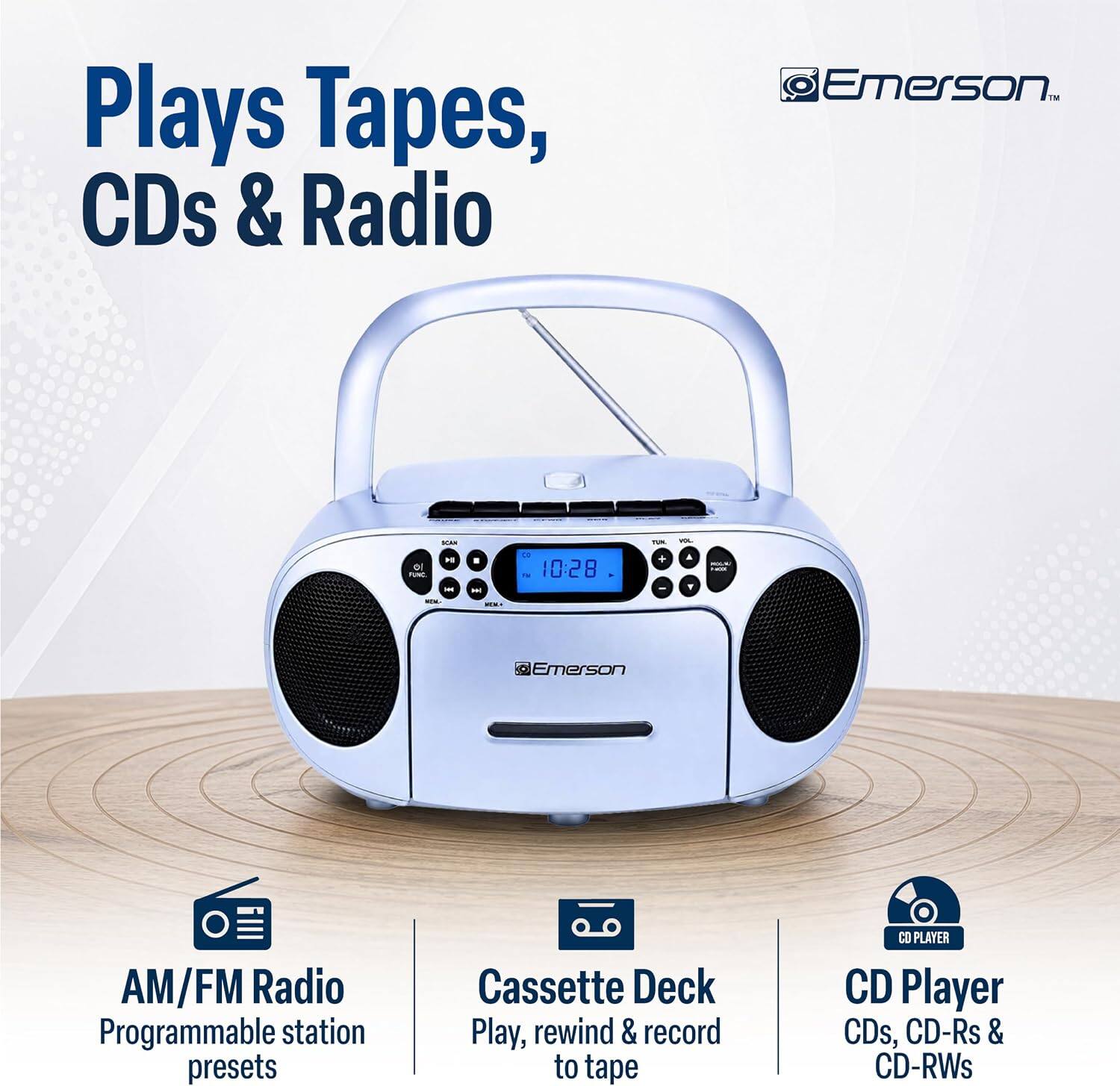 Plays Tapes, CDs & Radio Emerson

- AM/FM Radio Programmable station presets
- Cassette Deck Play, rewind & record to tape
- CD Player CDs, CD-Rs & CD-RWs