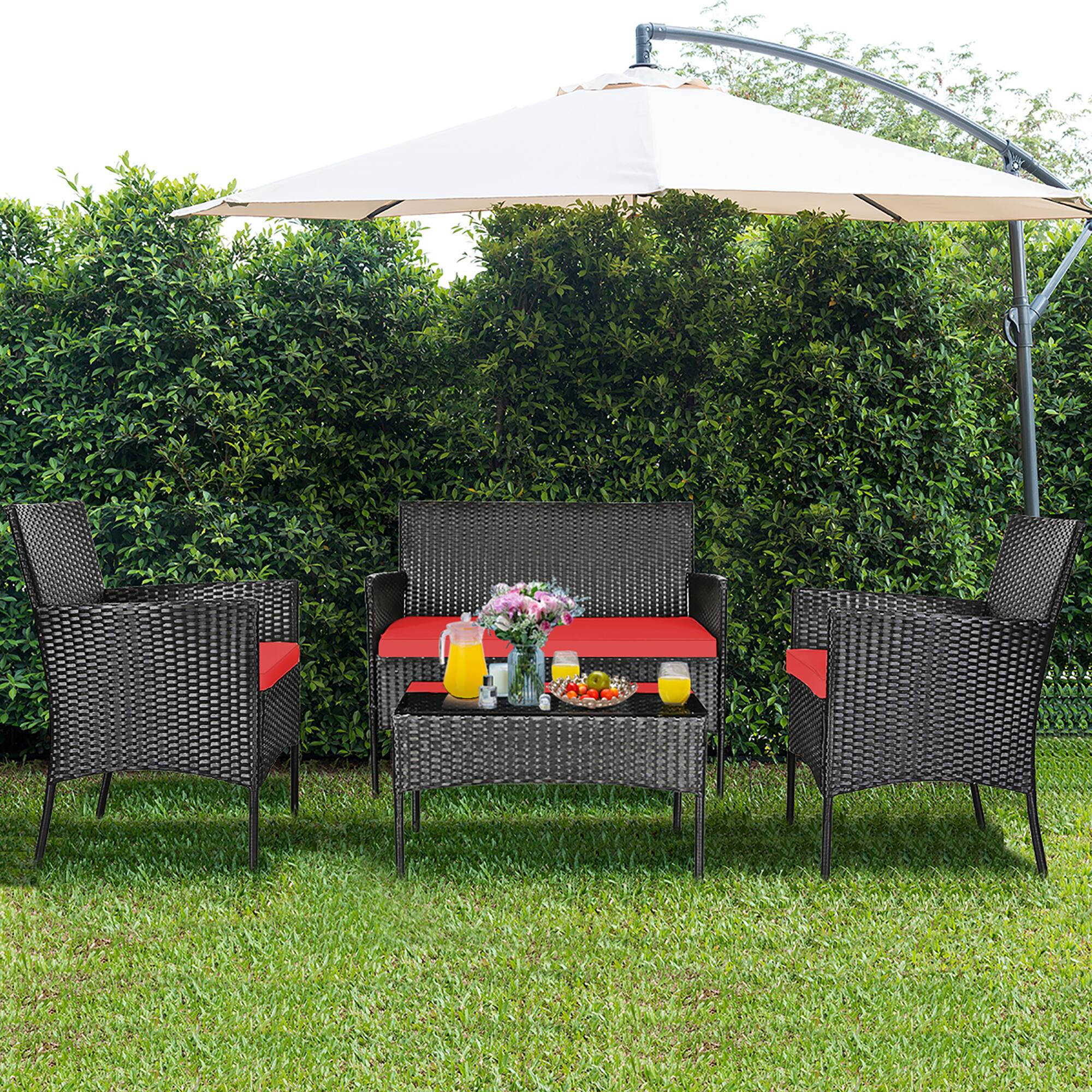Alt View 3. Costway - Costway 8PCS Patio Rattan Furniture Set Cushioned Sofa Coffee Table Backyard Porch - Red.