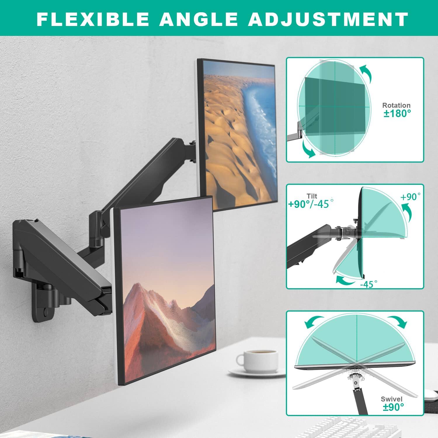FLEXIBLE ANGLE ADJUSTMENT

- Rotation: ±180°
- Tilt: +90°/-45°
- Swivel: ±90°