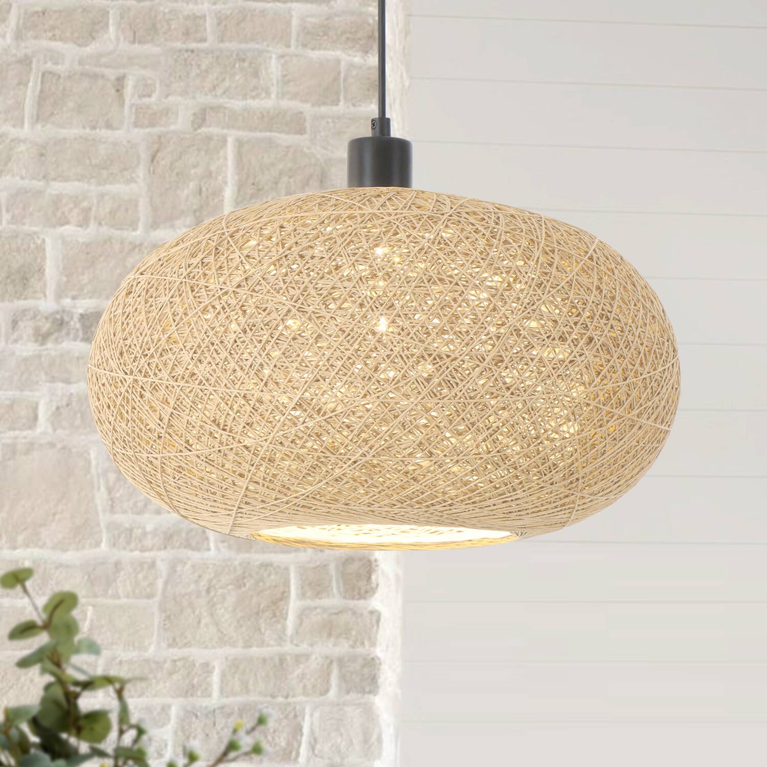Left. Umeiluce - 15.7 Inch Dimmable Pendant Light Handmade Rattan Double-layer Natural Lampshade Light - Natrual.