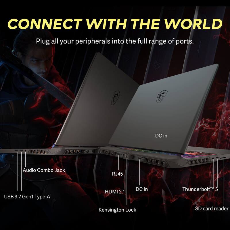 CONNECT WITH THE WORLD  
Plug all your peripherals into the full range of ports.  

- DC in  
- Audio Combo Jack  
- RJ45  
- HDMI 2.1  
- USB 3.2 Gen1 Type-A  
- Kensington Lock  
- Thunderbolt™ 5  
- SD card reader