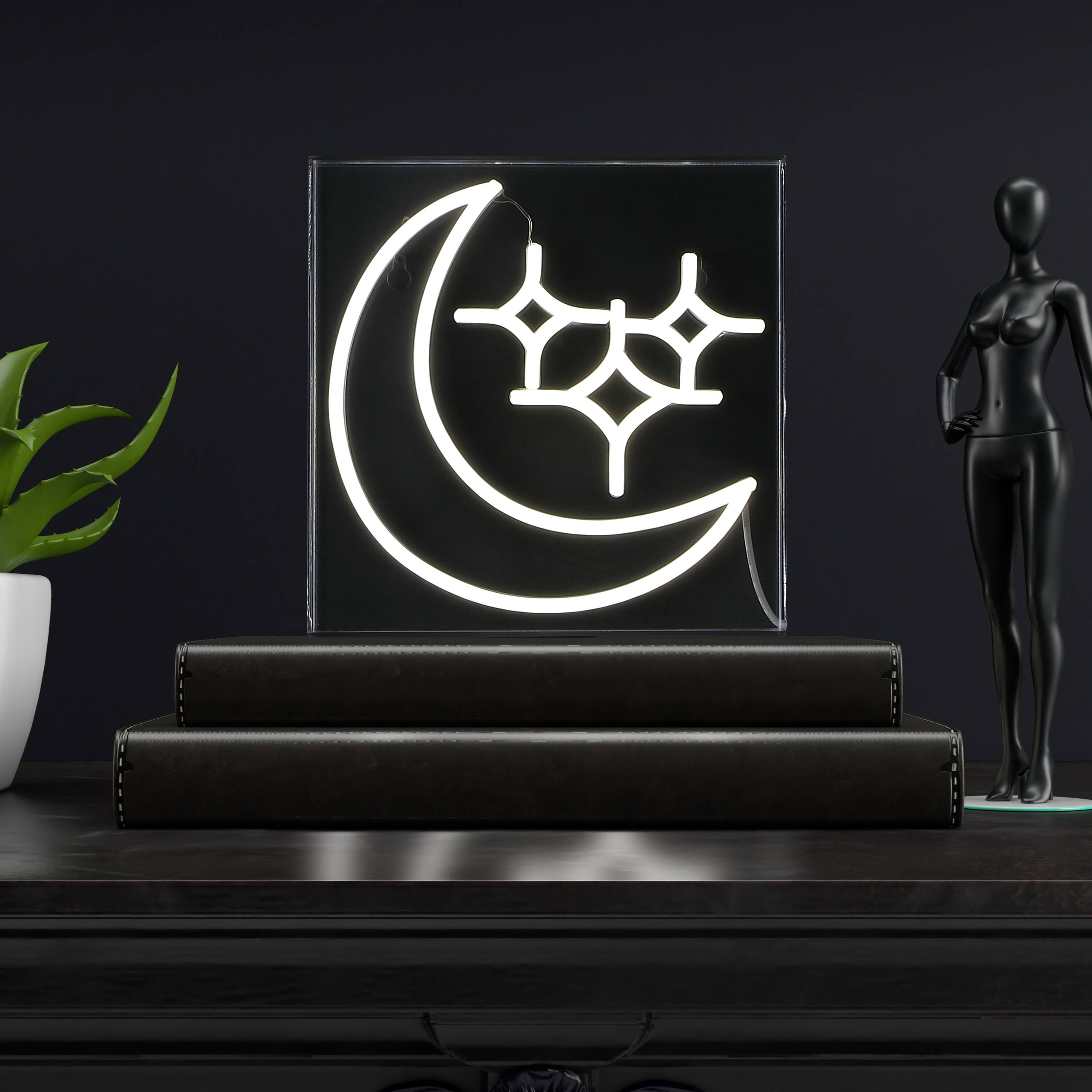 Alt View 1. Jonathan Y - Starry Crescent 10" Square Contemporary Glam Acrylic Box USB Operated LED Neon Light, White - White.