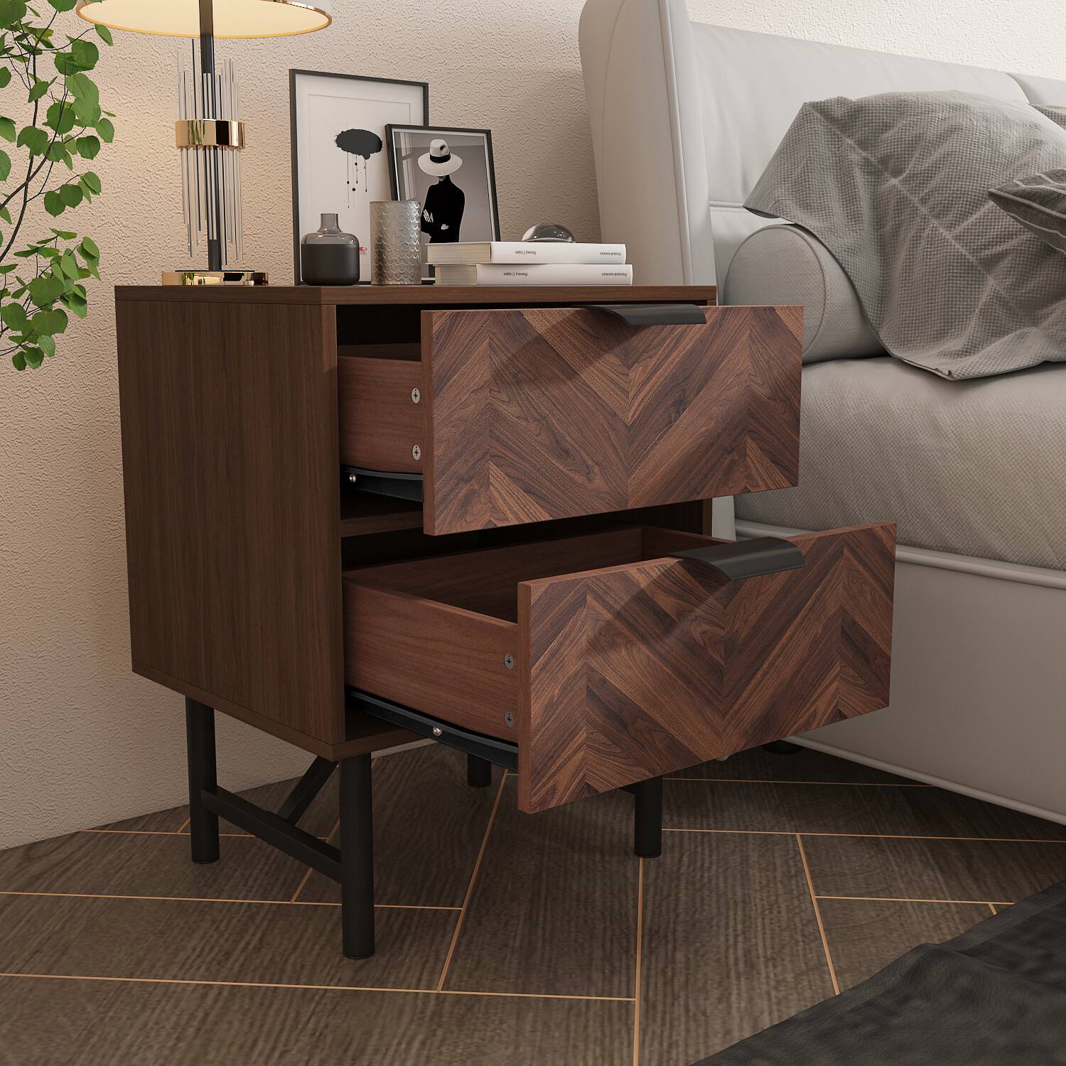 Alt View 7. FUFU & GAGA - FUFU&GAGA Herringbone - Pattern Nightstand: 2 - Drawer Mid - Century Modern Style - Brown.