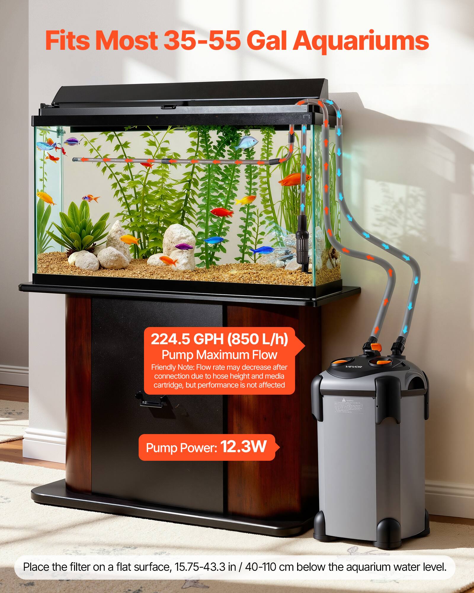Fits Most 35-55 Gal Aquariums

224.5 GPH (850 L/h) Pump Maximum Flow  
Friendly Note: Flow rate may decrease after connection due to hose height and media cartridge, but performance is not affected.

Pump Power: 12.3W

Place the filter on a flat surface, 15.75-43.3 in / 40-110 cm below the aquarium water level.