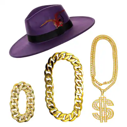 Front. Underwraps - Pimp 4-Piece Adult Costume Accessory Kit | Purple Hat & Chains - Purple.