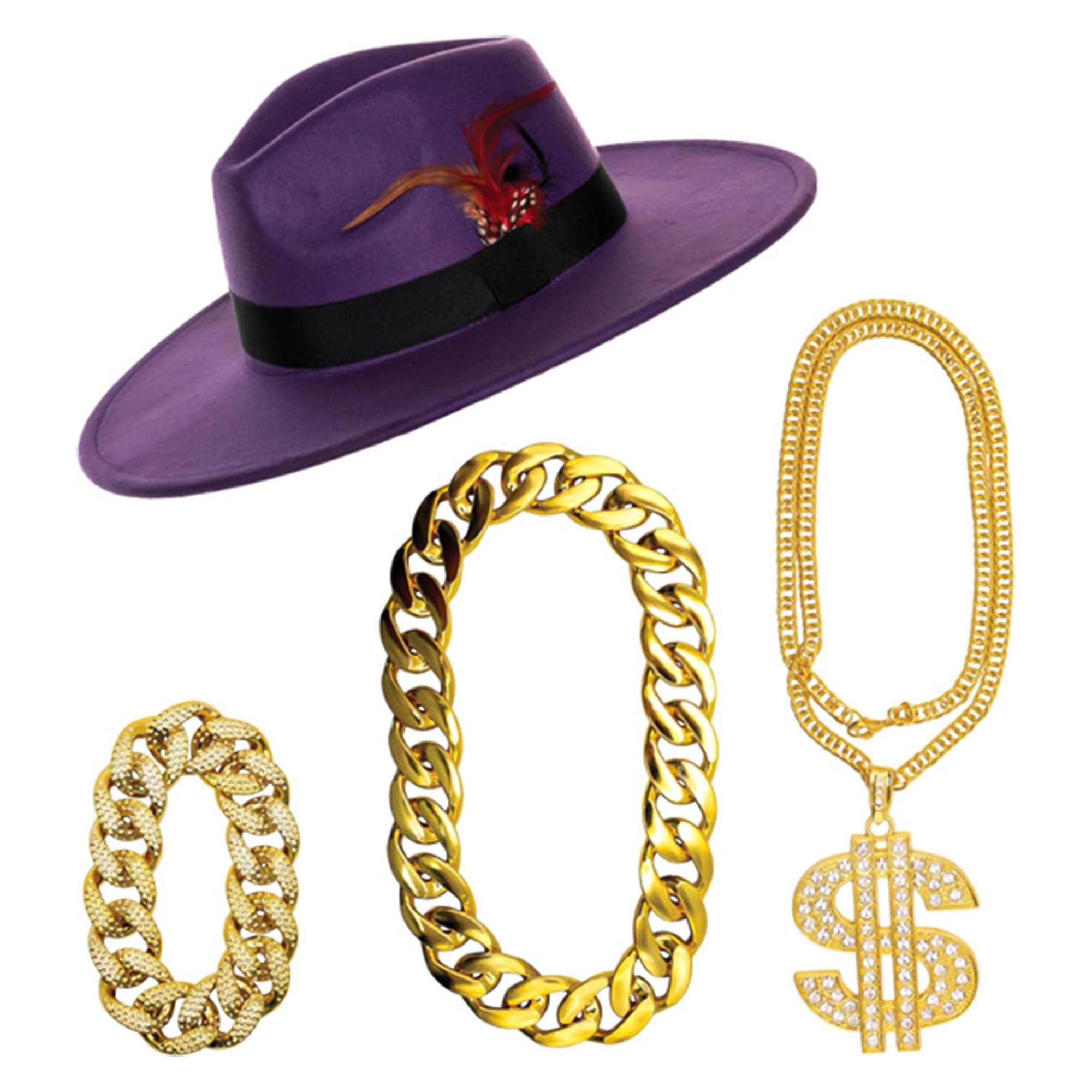 Front. Underwraps - Pimp 4-Piece Adult Costume Accessory Kit | Purple Hat & Chains - Purple.