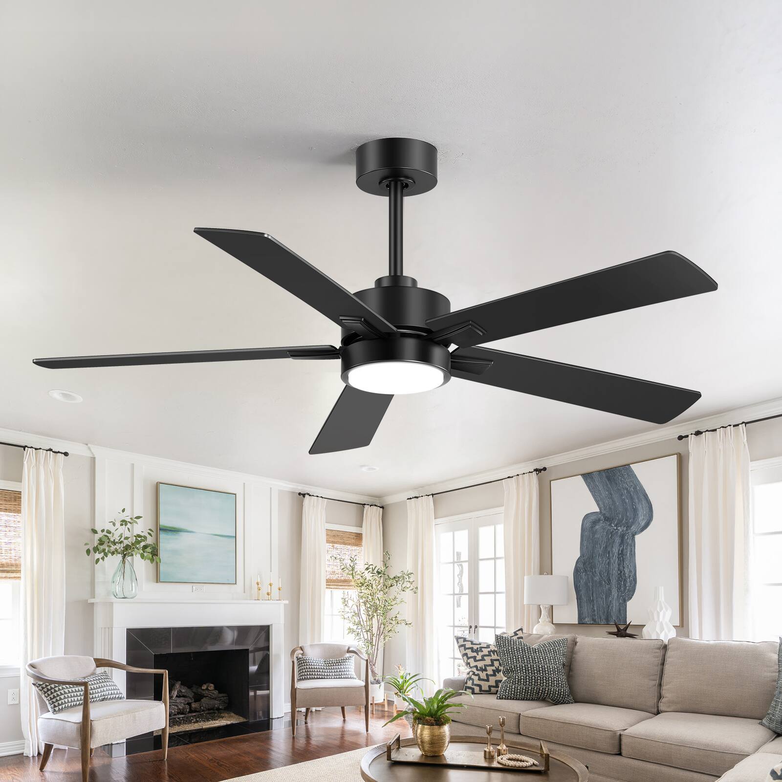 Left. Breezary - 52" Modern Indoor Ceiling Fan with LED Light, 5 Reversible Plywood Blades, 6-Speed DC Motor, Remote, Timer, 5" Downrod - All Black.