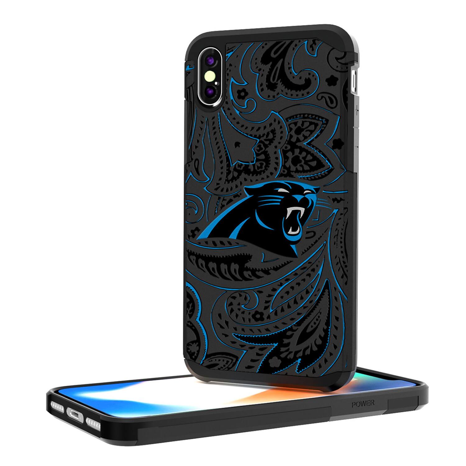 Alt View 2. Keyscaper - Carolina Panthers iPhone Rugged Paisley Design Case - 13 Pro - Multicolor.