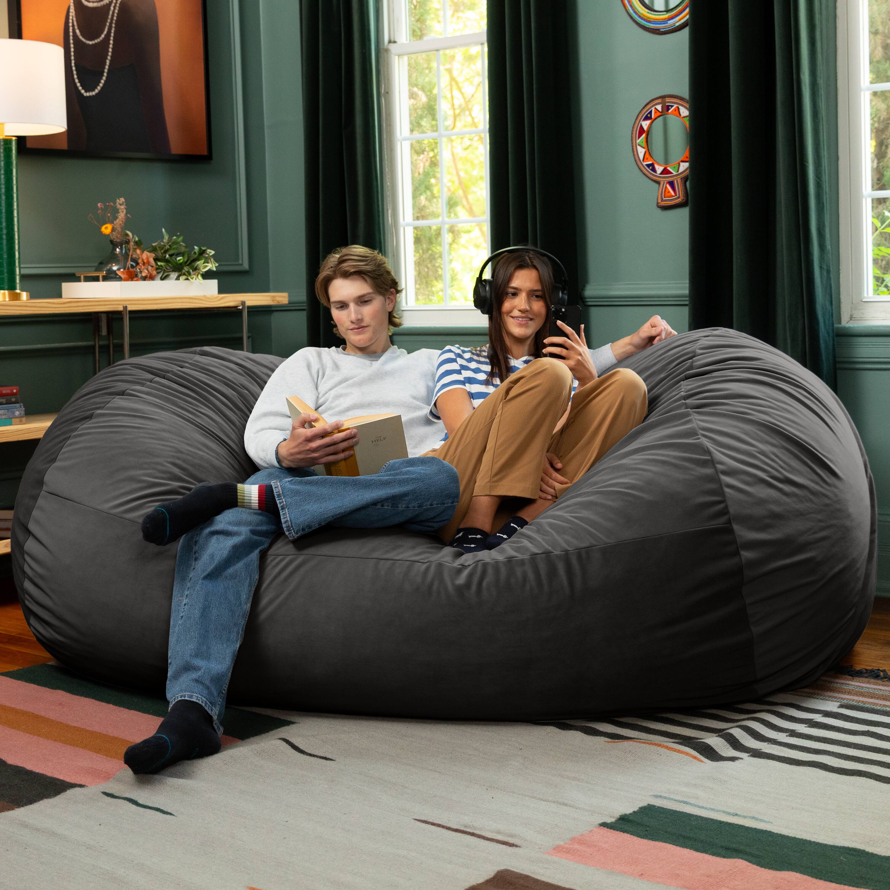 Alt View 1. Jaxx - Jaxx Grand Lounger 7 Foot Bean Bag Sofa -Lush Velvet Black - Lush Velvet Black.