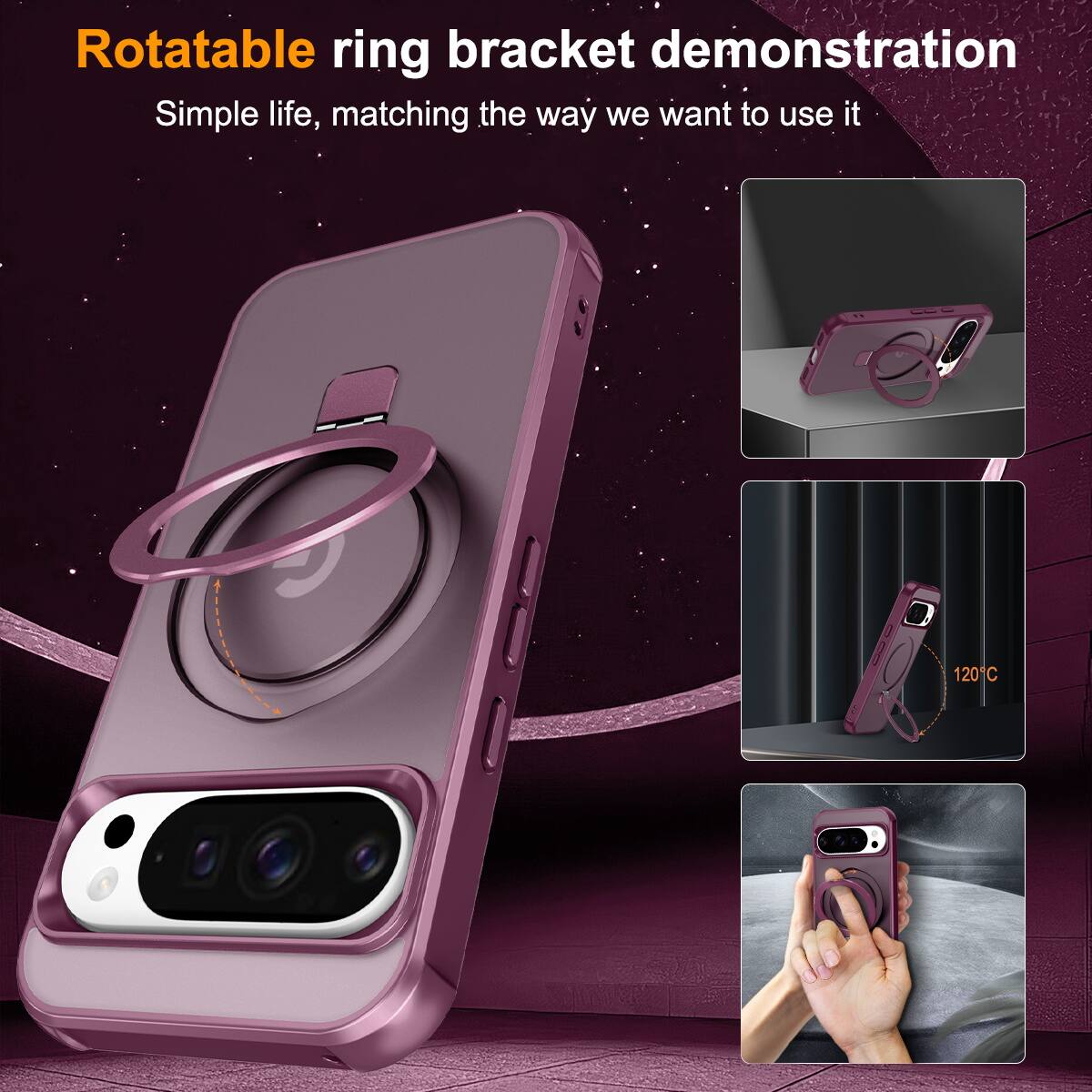 Rotatable ring bracket demonstration  
Simple life, matching the way we want to use it  

120°