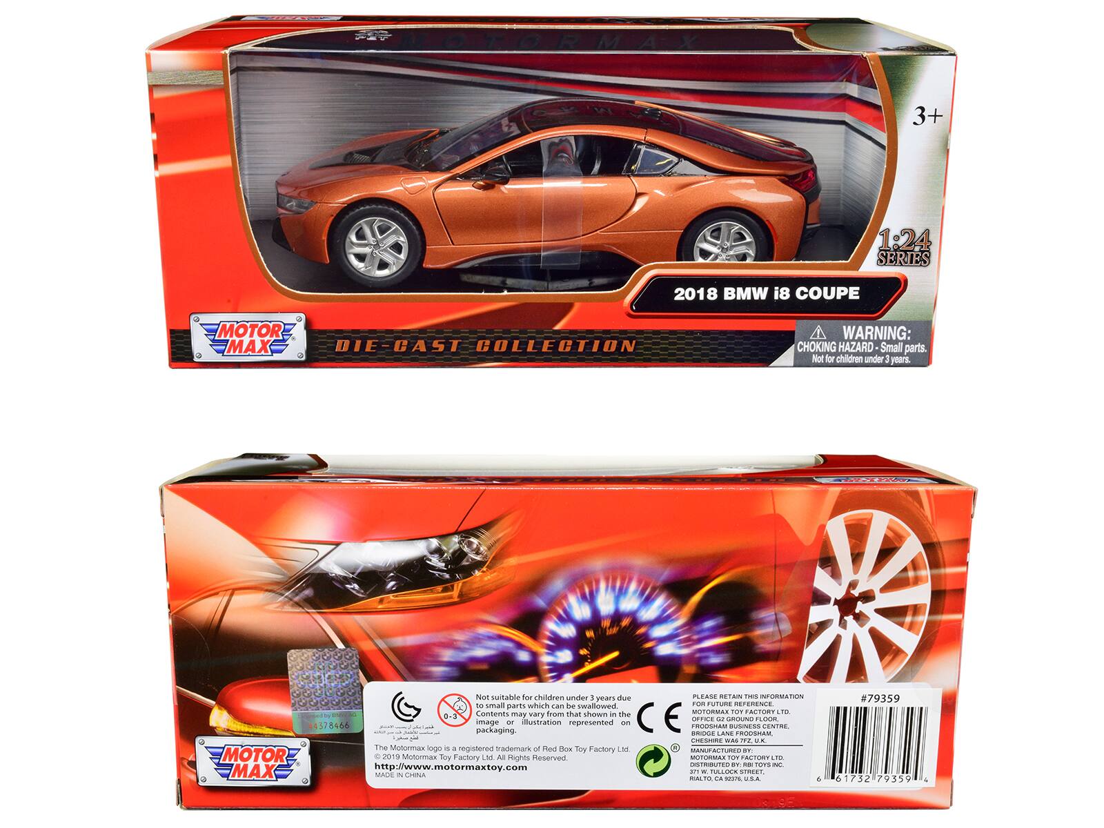 - PEV MOTORMAX 3+ 1:24 SERIES 2018 BMW i8 COUPE MOTOR MAX DIE-CAST COLLECTION
- WARNING: CHOKING HAZARD Small parts. Not suitable for children under 3 years due to small parts which can be swallowed.
- Contents may vary from that shown in the image or illustration represented on the packaging.
- The Motomax logo is a registered trademark of Red Box Toy Factory Ltd. © 2019 Motomax Toy Factory Ltd. All Rights Reserved.
- http://www.motormaxtoy.com
- MADE IN CHINA
- PLEASE RETAIN THIS INFORMATION FOR FUTURE REFERENCE
- #79359
- 61732179359