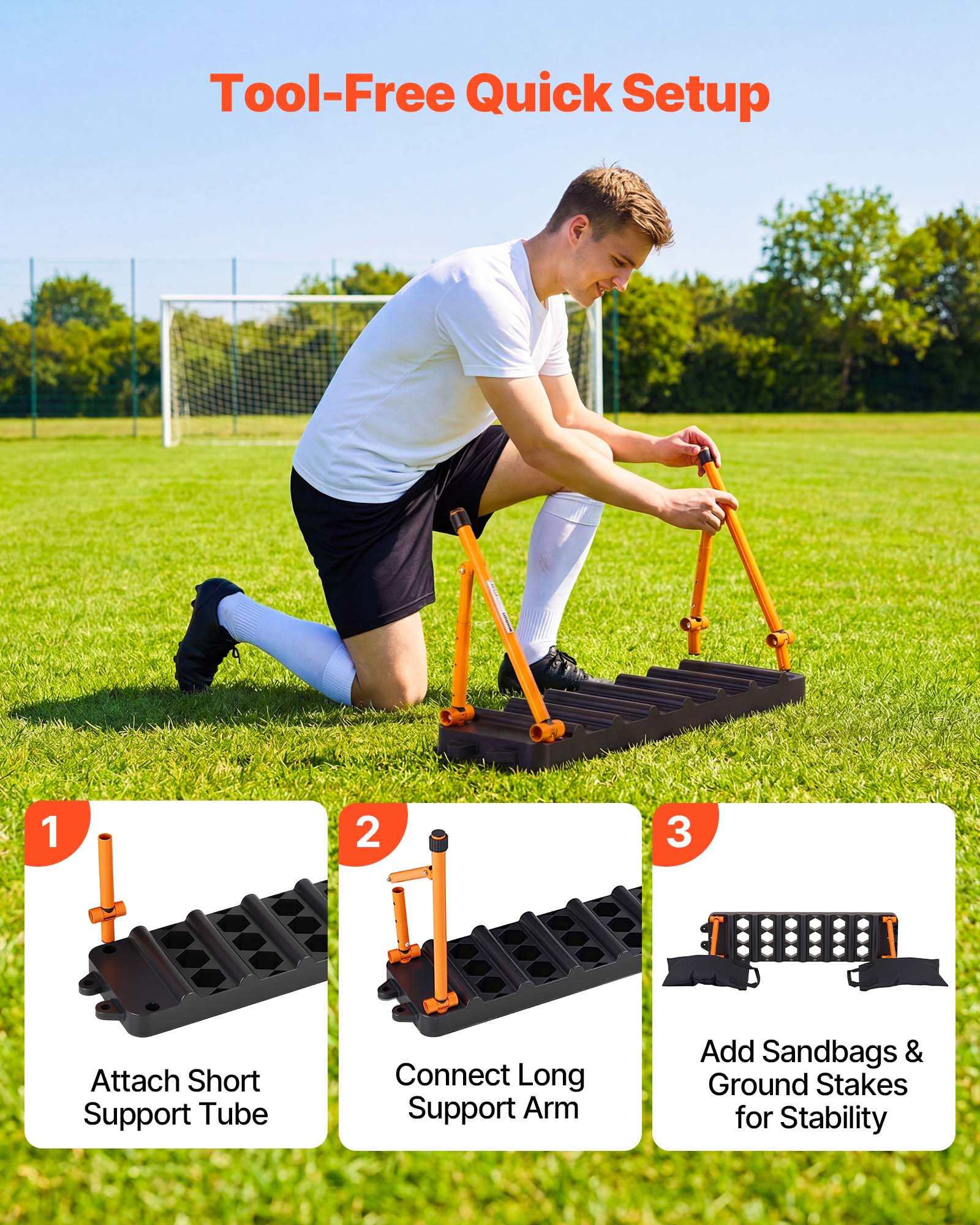Tool-Free Quick Setup

1. Attach Short Support Tube
2. Connect Long Support Arm
3. Add Sandbags & Ground Stakes for Stability