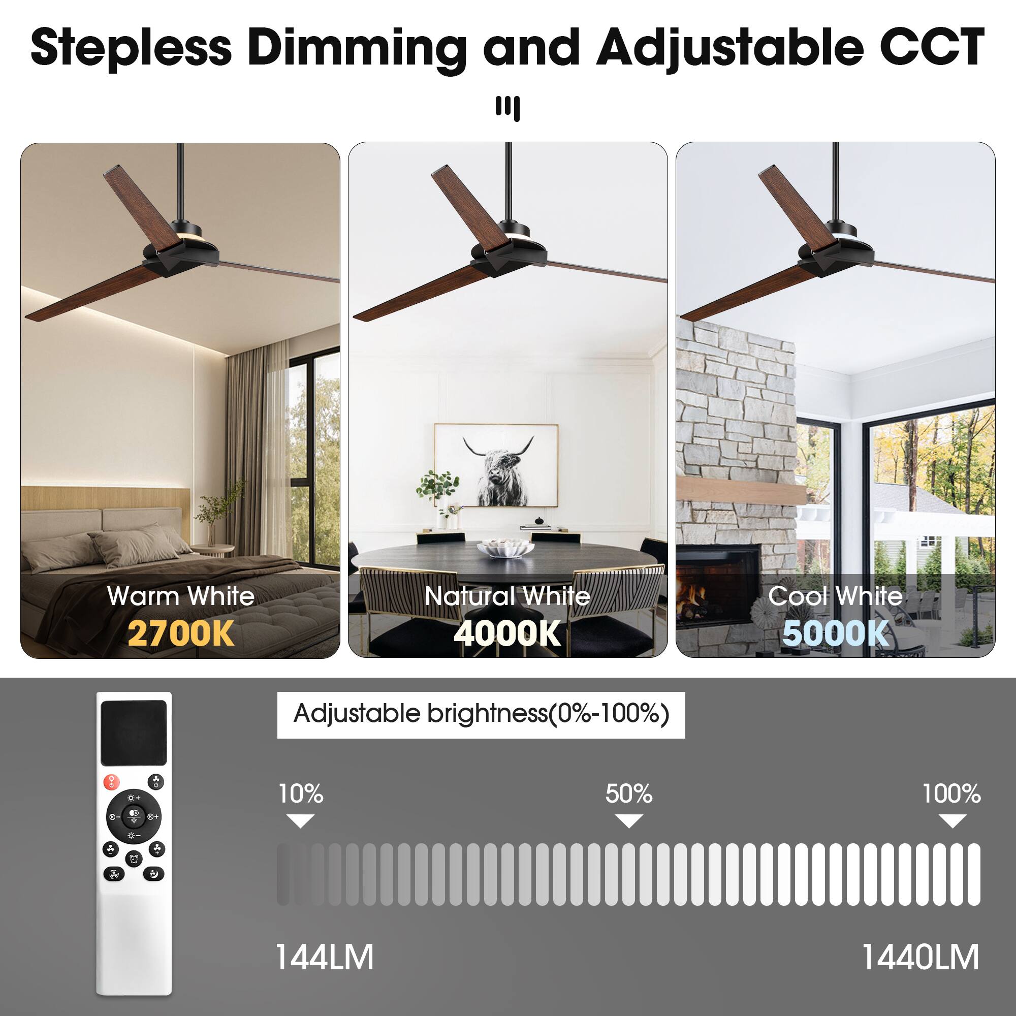 Stepless Dimming and Adjustable CCT  
Warm White 2700K  
Natural White 4000K  
Cool White 5000K  
Adjustable brightness (0%-100%)  
10% 50% 100%  
144LM 1440LM