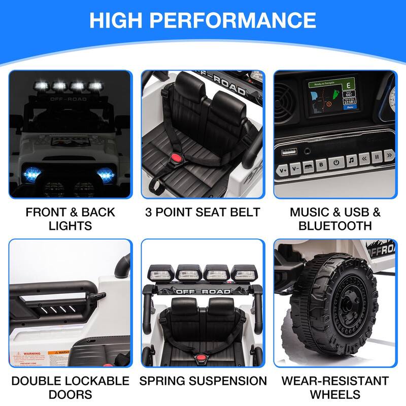 HIGH PERFORMANCE OFF-ROAD

- FRONT & BACK LIGHTS
- 3 POINT SEAT BELT
- MUSIC & USB & BLUETOOTH
- DOUBLE LOCKABLE SPRING SUSPENSION
- WEAR-RESISTANT WHEELS