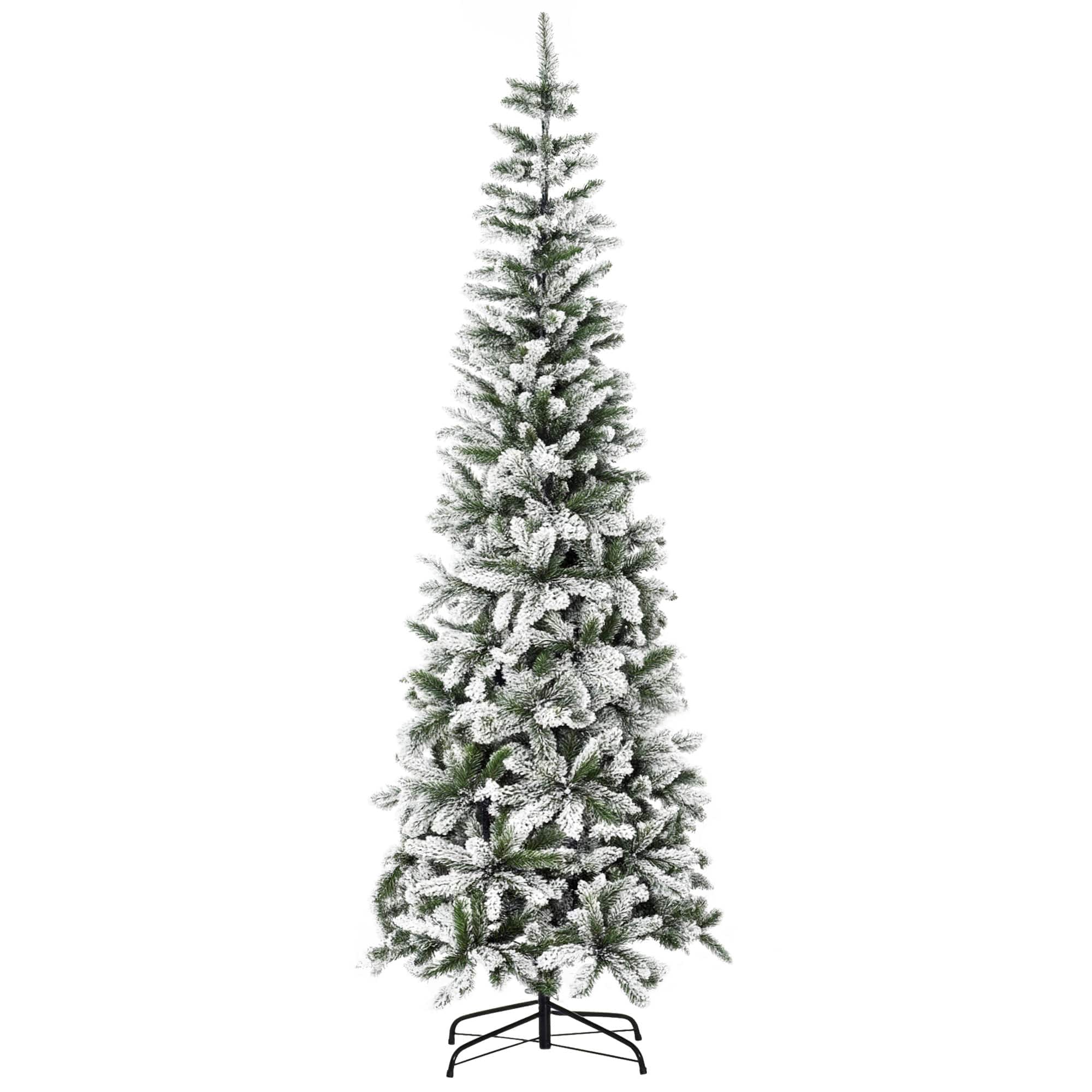 Homcom - 7.5ft Unlit Snow-Flocked Slim Pine Artificial Christmas Tree with Realistic Branches and 668 Tips - Green
