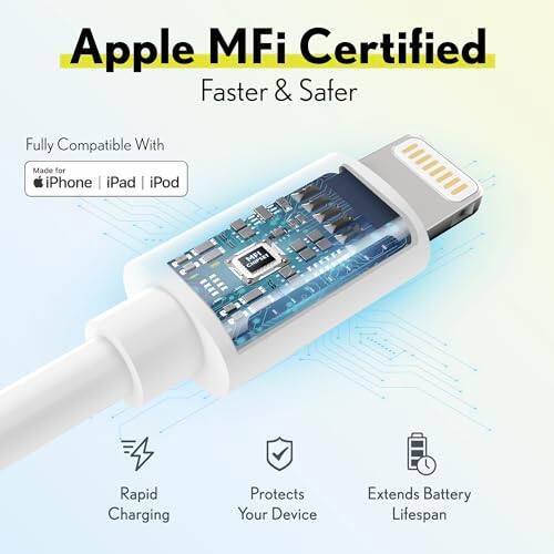 Apple MFi Certified  
Faster & Safer  

Fully Compatible With  
Made for iPhone | iPad | iPod  

- Rapid Charging  
- Protects Your Device  
- Extends Battery Lifespan