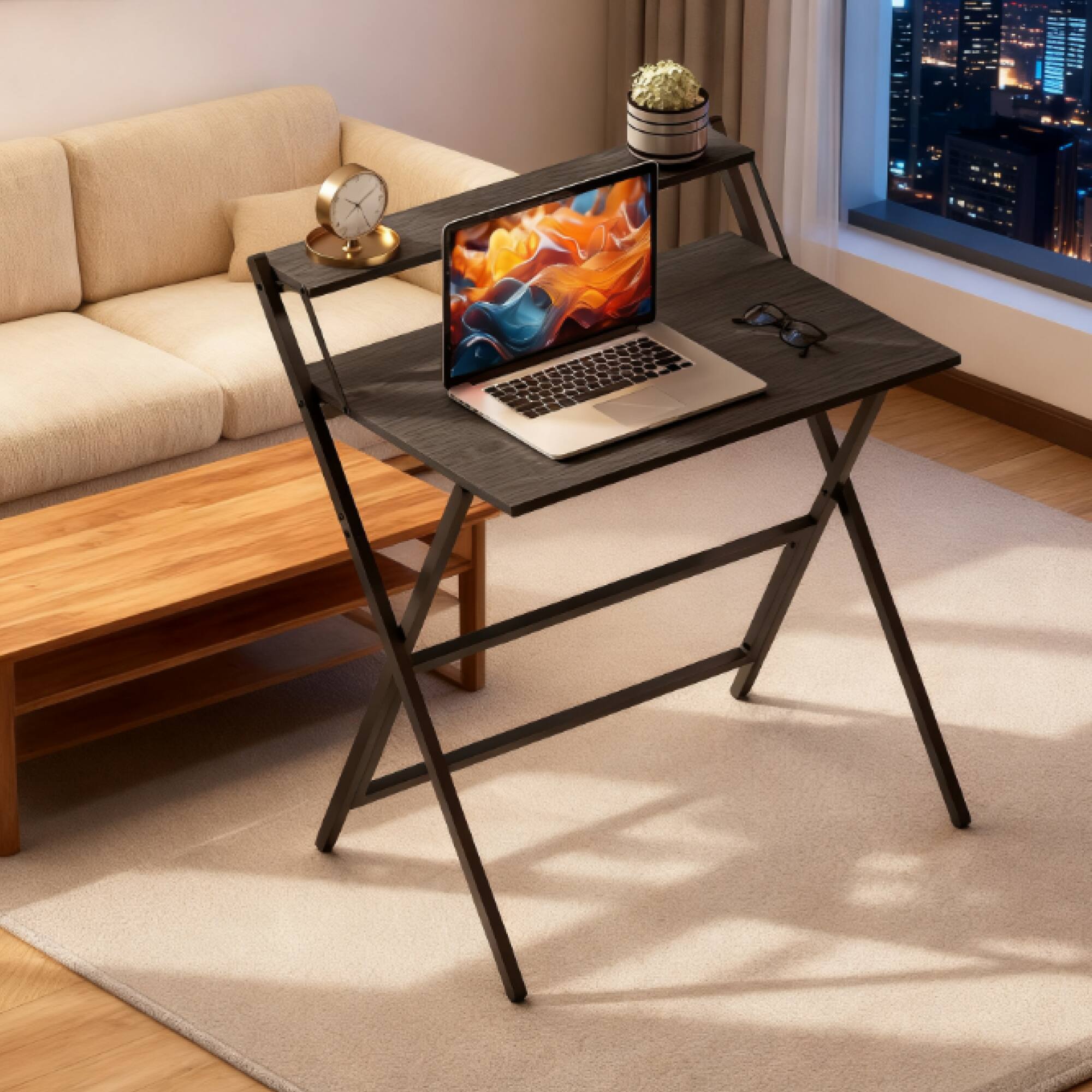 Back. GOODSILO - 32-Inch Foldable Computer Desk with Monitor Shelf - Space-Saving Workstation for Small Spaces - Black.