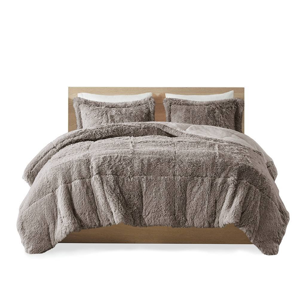 Left. Hivvago - Twin/Twin XL Grey Soft Sherpa Faux Fur 2-Piece Comforter Set with Pillow Shams - Grey.