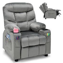 Costway - Kids Youth Recliner Chair Velvet Fabric w/Cup Holder & Side Pocket - Gray