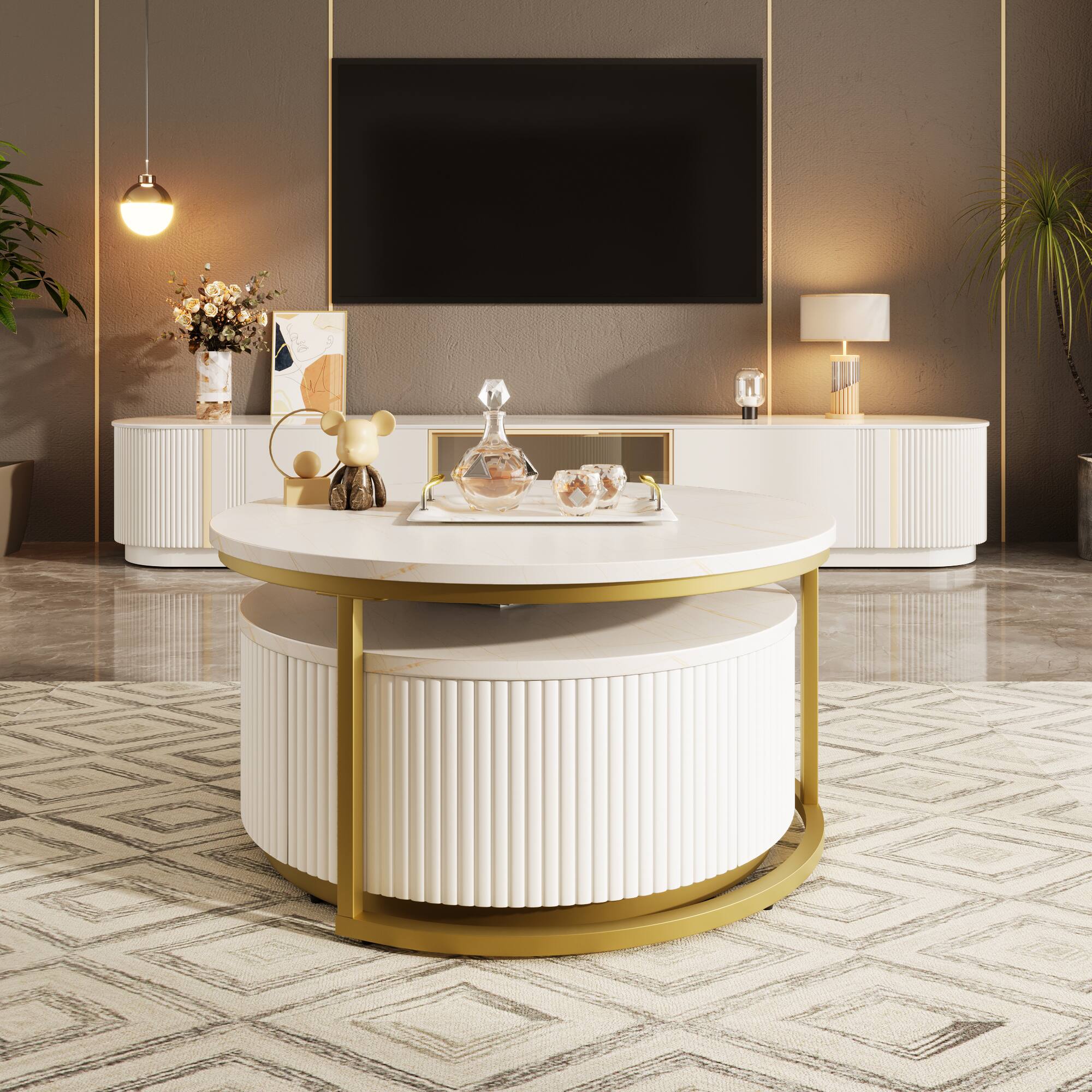 Alt View 1. Tiramisubest - Modern Round Nesting Coffee Table Fluted with Drawer in White & Gold in 31.5" - Golden+White.