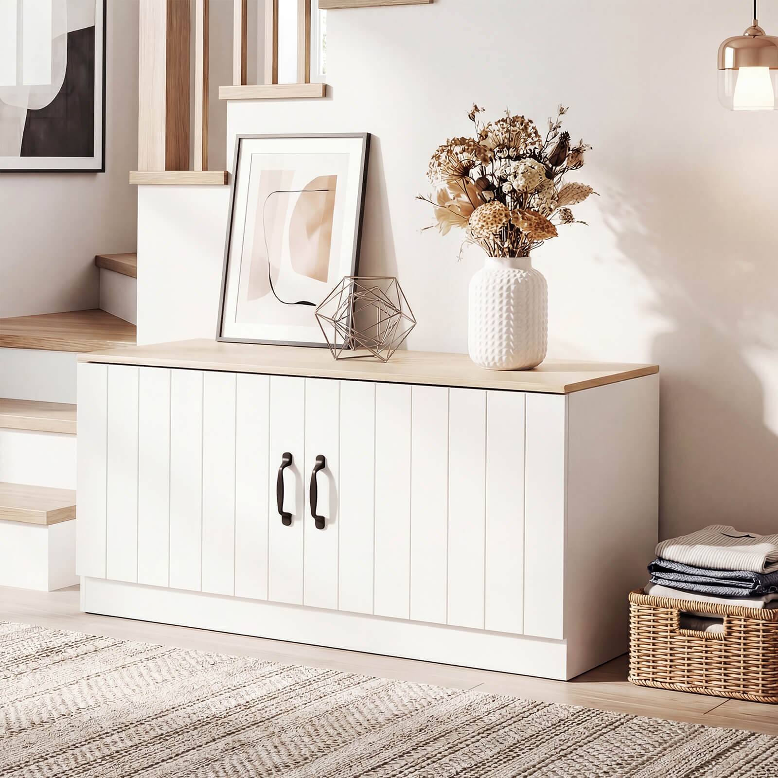 Alt View 3. Costway - Costway 2-Door Shoe Bench with Adjustable Shelves, Hidden Storage Space for Hallway - Natural+White.