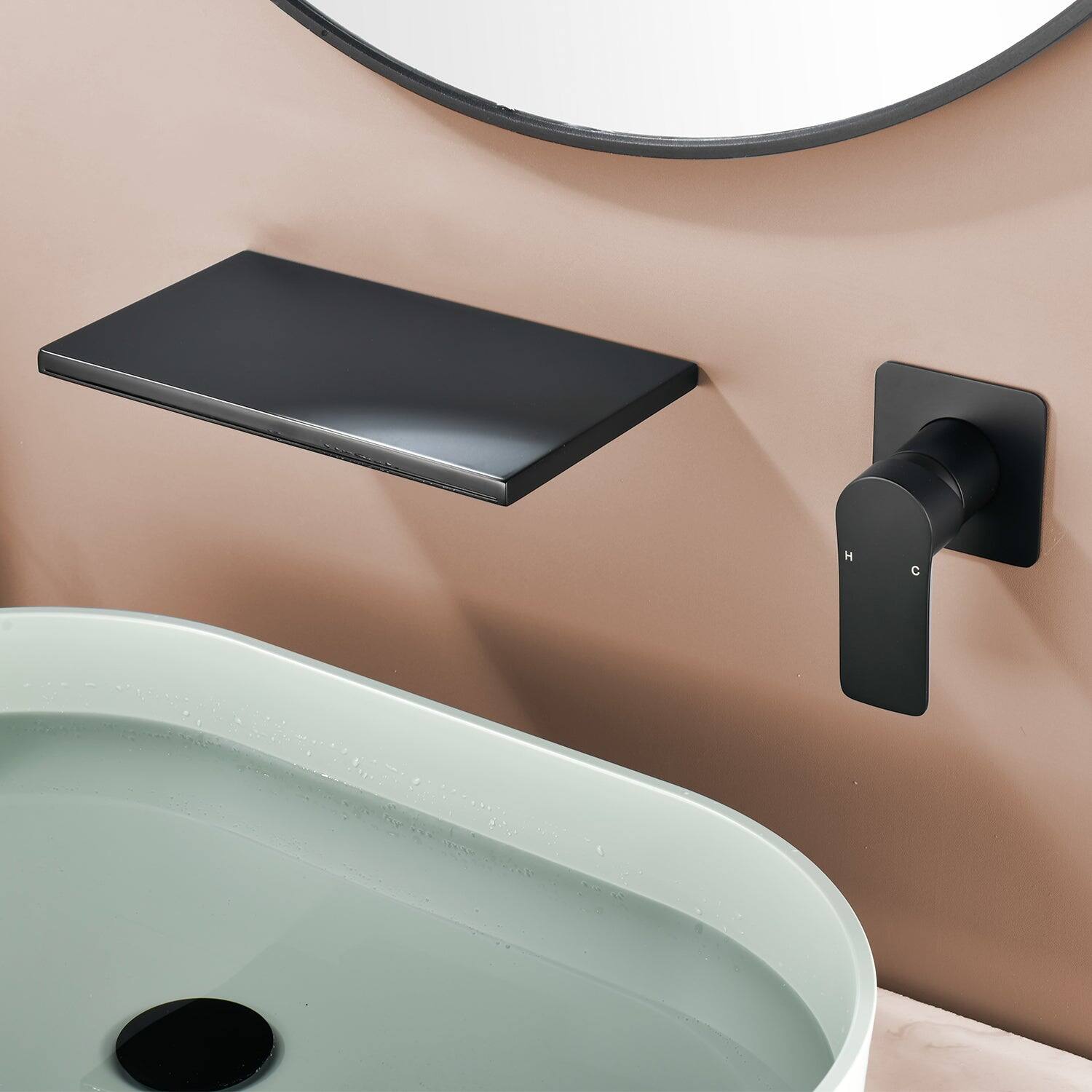 Alt View 2. Boyel Living - Black Wall Mount Faucet SUS304 Waterfall Spout Brass Body Single Handle 1/2NPT Thread - Matte Black.