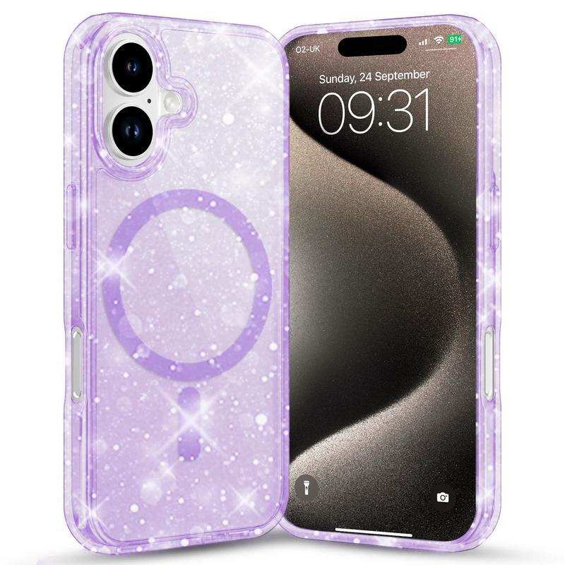 Entronix - Magnetic Glitter Case for iPhone 17 - Durable Hard Back Protection - Purple