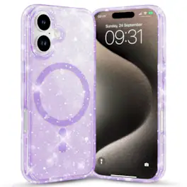 Entronix - Magnetic Glitter Case for iPhone 17 - Durable Hard Back Protection - Purple