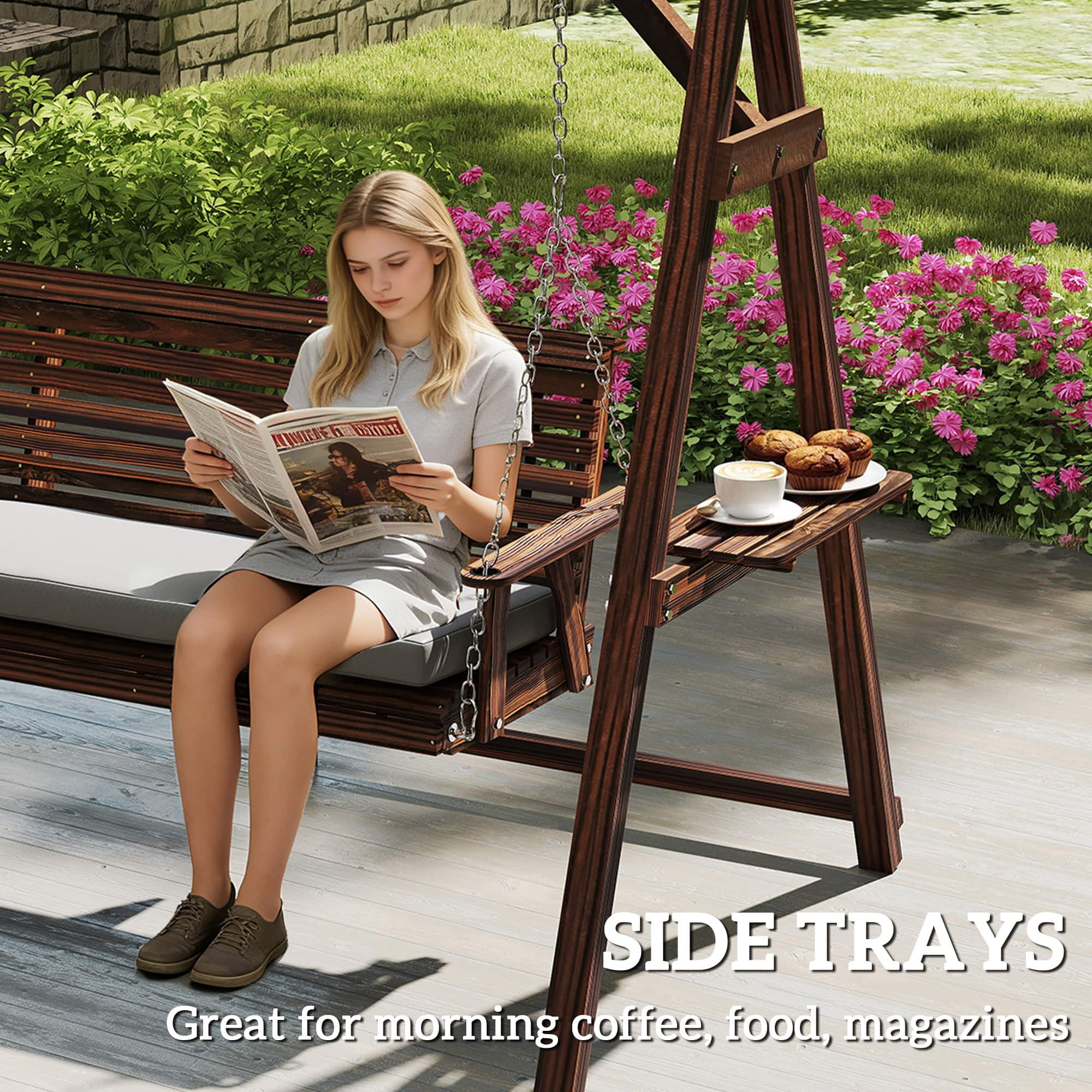 Outsunny Seat Wooden Porch Swing with Stand, Patio Swing with
