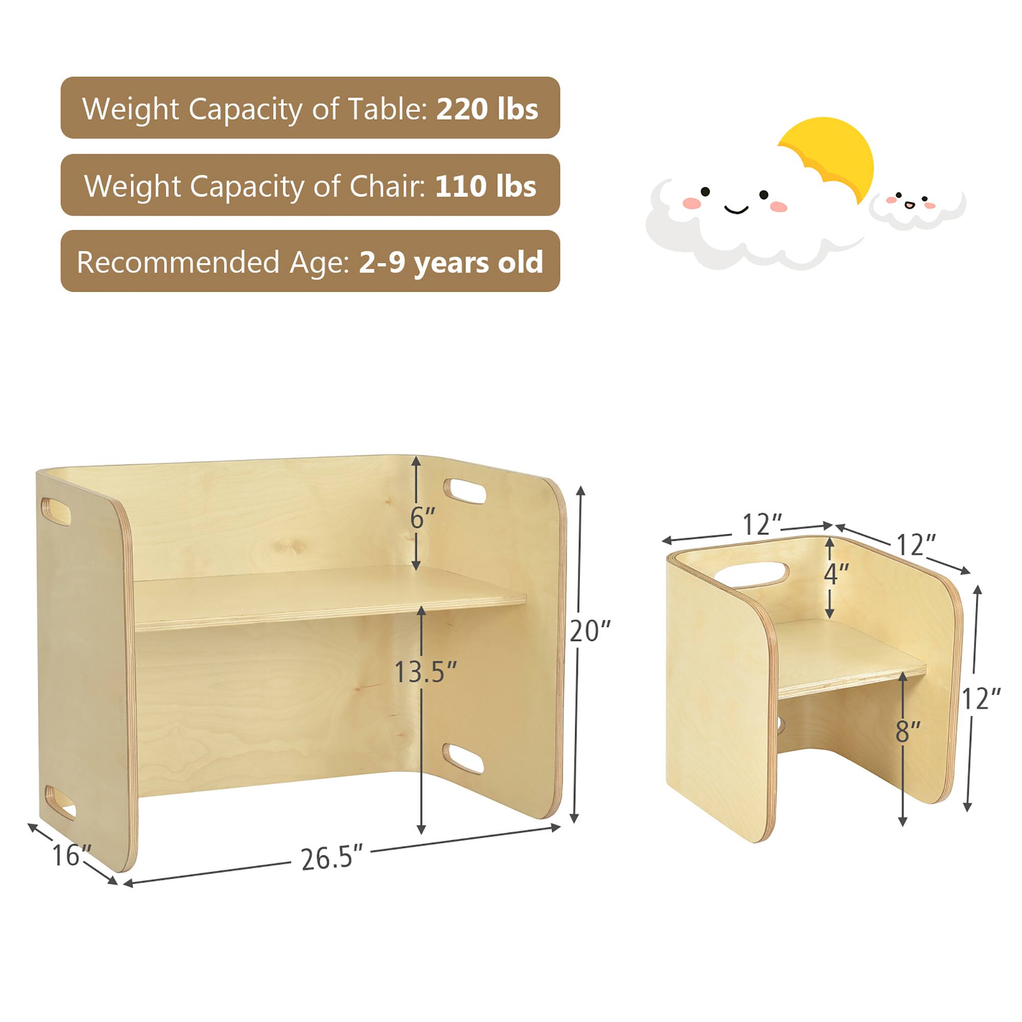Weight Capacity of Table: 220 lbs  
Weight Capacity of Chair: 110 lbs  
Recommended Age: 2-9 years old  

Table Dimensions:  
- Height: 6"  
- Depth: 13.5"  
- Width: 26.5"  
- Height from floor: 20"  

Chair Dimensions:  
- Height: 12"  
- Depth: 4"  
- Width: 12"  
- Seat Height: 8"  
- Back Height: 12"  
- Overall Height: 16"