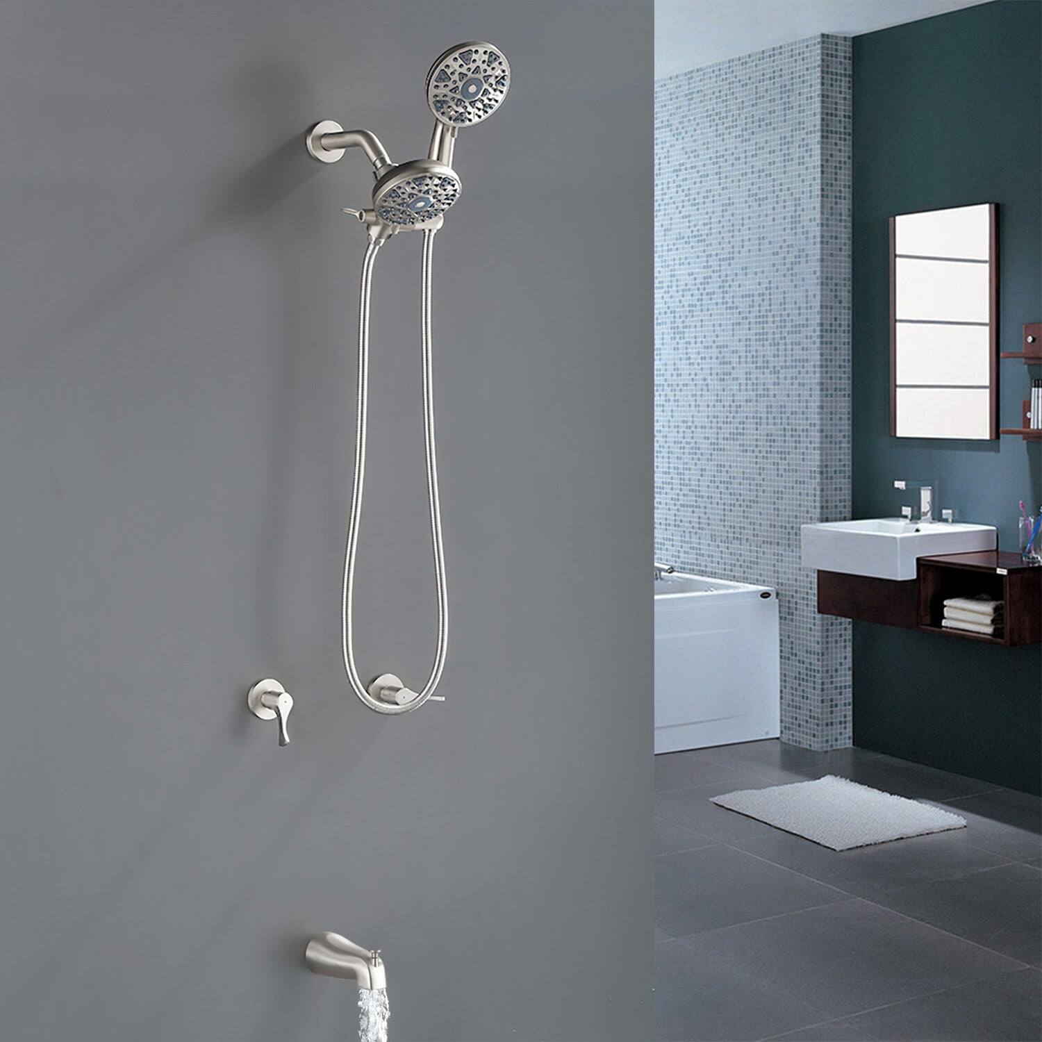 Alt View 4. Boyel Living - Brushed Nickel Shower Set with Dual Handle Control 6 Function Dual Shower Heads and Tub Spout - Brushed Nickel.