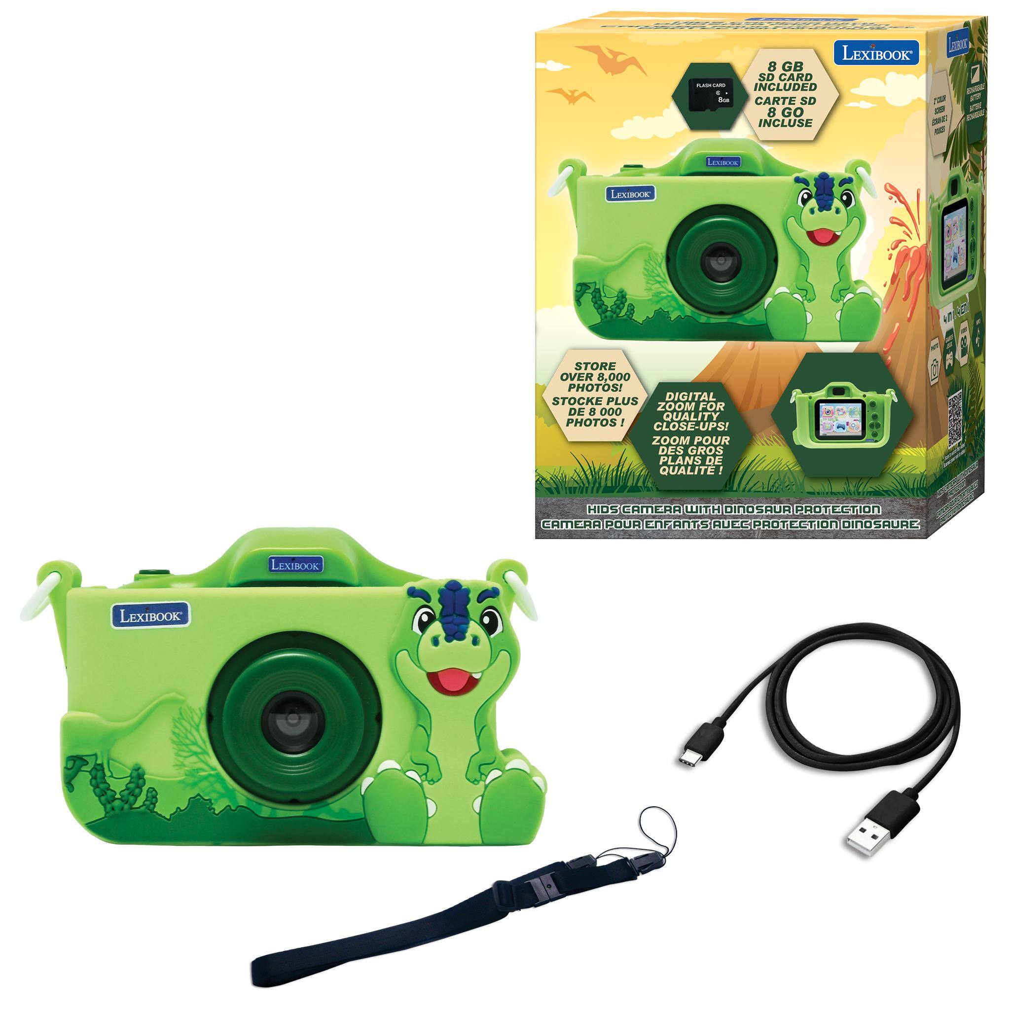 01 LEXIBOOK 8 GB SD CARD - INCLUDED . - - CARTE SD 8 GO - INCLUSE LEXIBOOK STORE OVER 8,000 PHOTOS! DIGITAL STOCKE PLUS DE 8 000 QUALITY PHOTOS! CLOSE-UPS! ZOOM POUR DES GROS PLANS DE QUALITE ! HD CAMERA WITH DINOSAUR PROTECTION POUR ENFANTS AVEC PROTECTION DINOSAURE LEXIBOOK