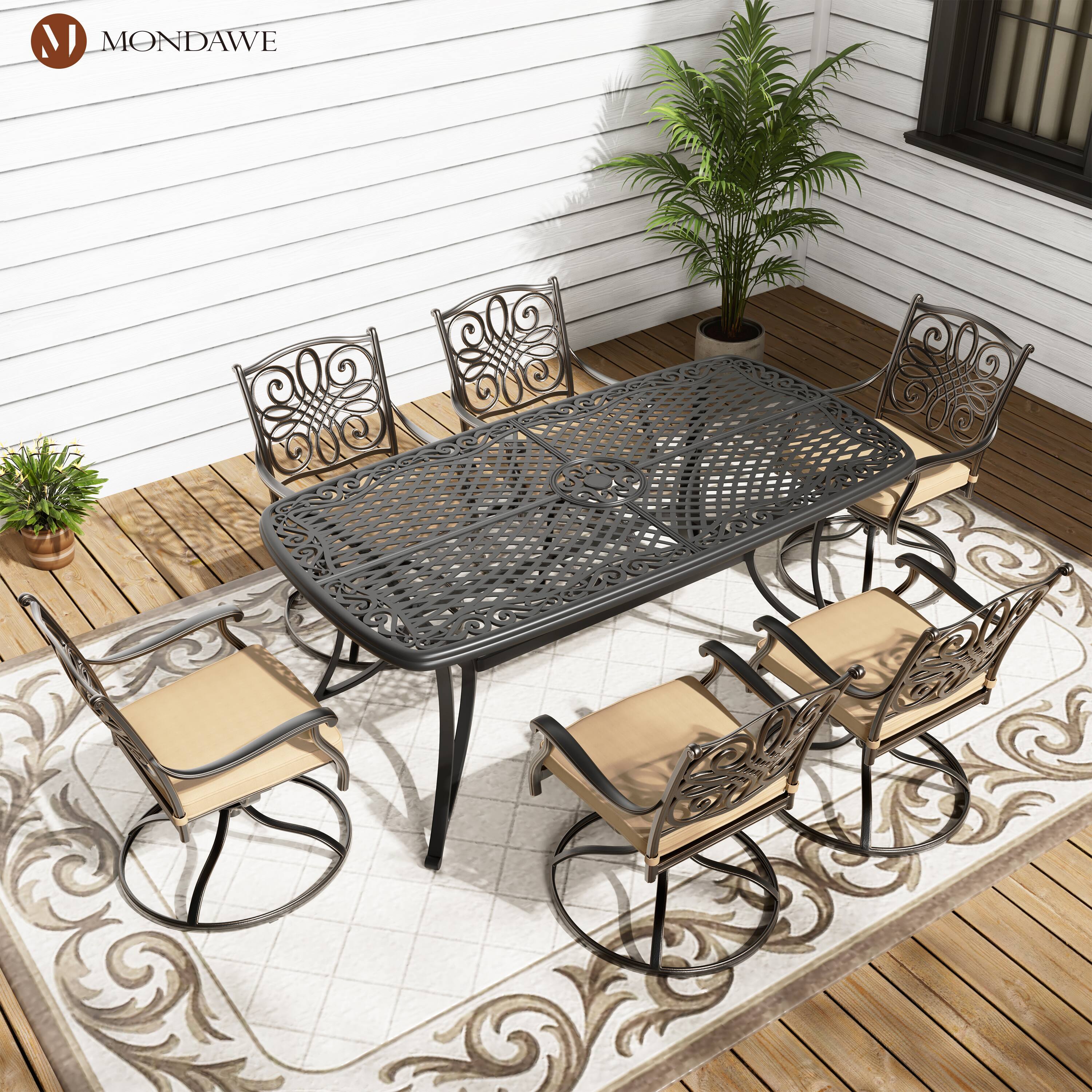 Left. Mondawe - 7-Piece Cast Aluminum Dining Set with Round Tile-Top Table and Swivel Chairs - Black+Brown.