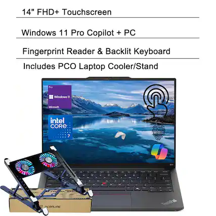 14" FHD+ Touchscreen
Windows 11 Pro Copilot + PC
Fingerprint Reader & Backlit Keyboard
Includes PCO Laptop Cooler/Stand