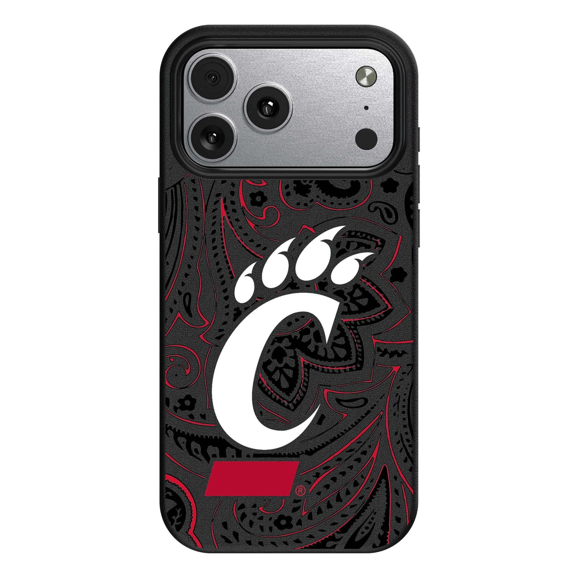 Front. Keyscaper - Cincinnati Bearcats Paisley iPhone Magnetic Bump Case - 16 Pro Max - Black.