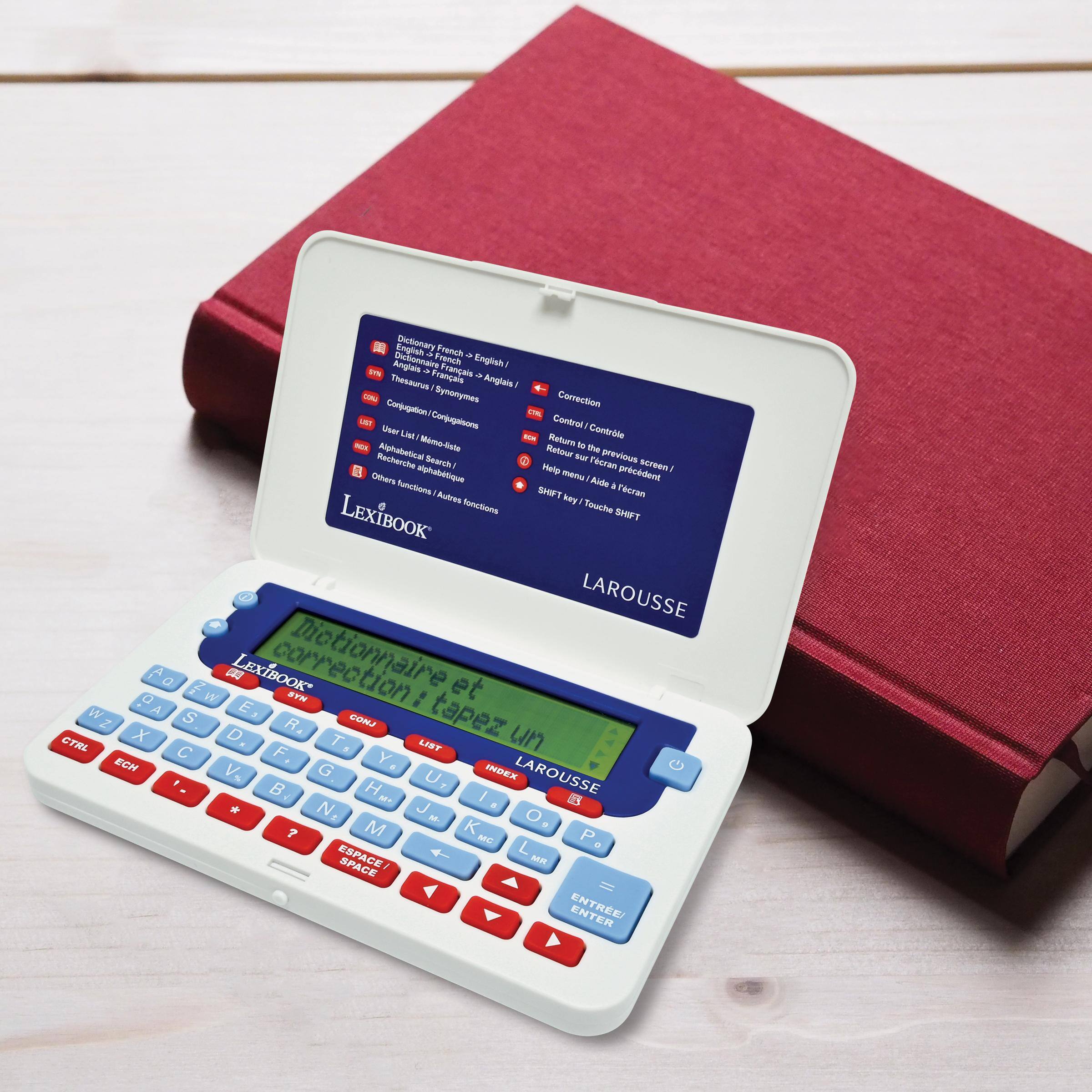 Dictionary English French  
English / French  
Anglais / Français  
English - French  
Anglais - Francais  
English - French  
Anglais - Francais  
English - French  
Anglais - Francais  

Correction  
Corrections  
Correction  
Corrections  

Conjugation  
Conjugaison  
Conjugation  
Conjugaison  

1. User List / Liste des utilisateurs  
2. Alphabetical Search / Recherche alphabétique  
3. Help / Aide  
4. Other functions / Autres fonctions  

Correction  
Control / Contrôle  
Return to the previous screen / Retour aucran précédent  
Help menu / Aide à l'écran  
SHIFT key / Touche SHIFT  

LexiBook  
LAROUSSE  

Correction  
Correction : tapez un mot  
LAROUSSE