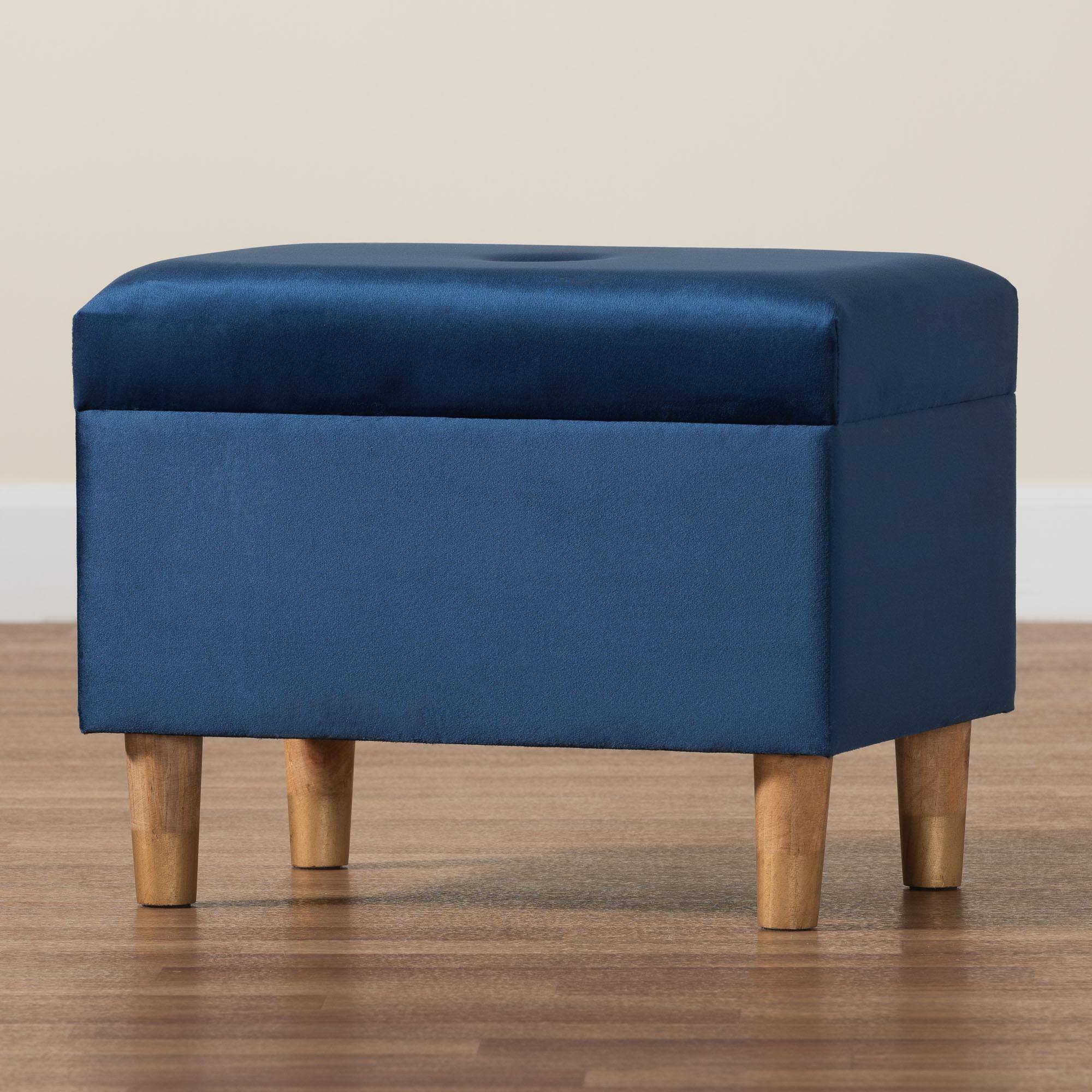 Alt View 6. Baxton Studio - Elias Modern Velvet Fabric Storage Ottoman - Navy Blue/Oak Brown.