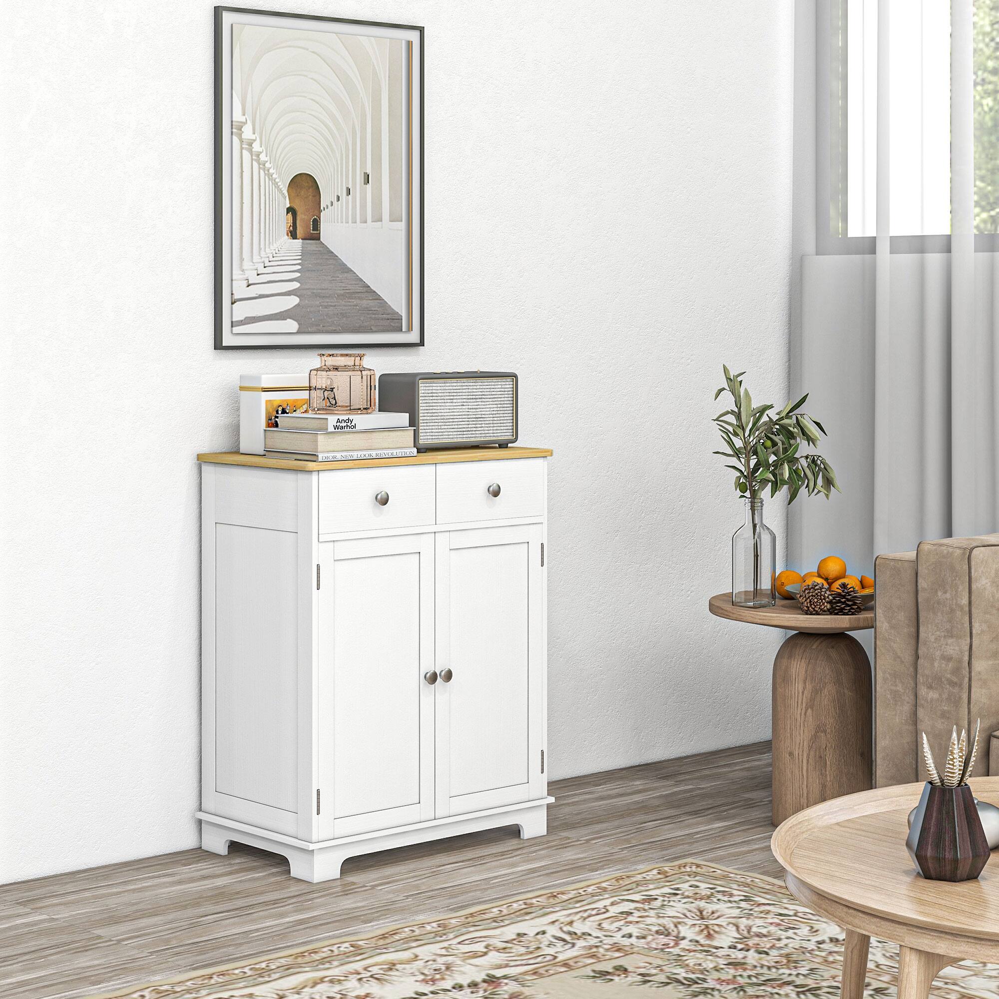 Alt View 1. Homcom - Sideboard with Solid Wood Countertop, Modern Kitchen Storage Cabinet, Coffee Bar Cabinet with Drawers & Adjustable Shelf - Distressed White.
