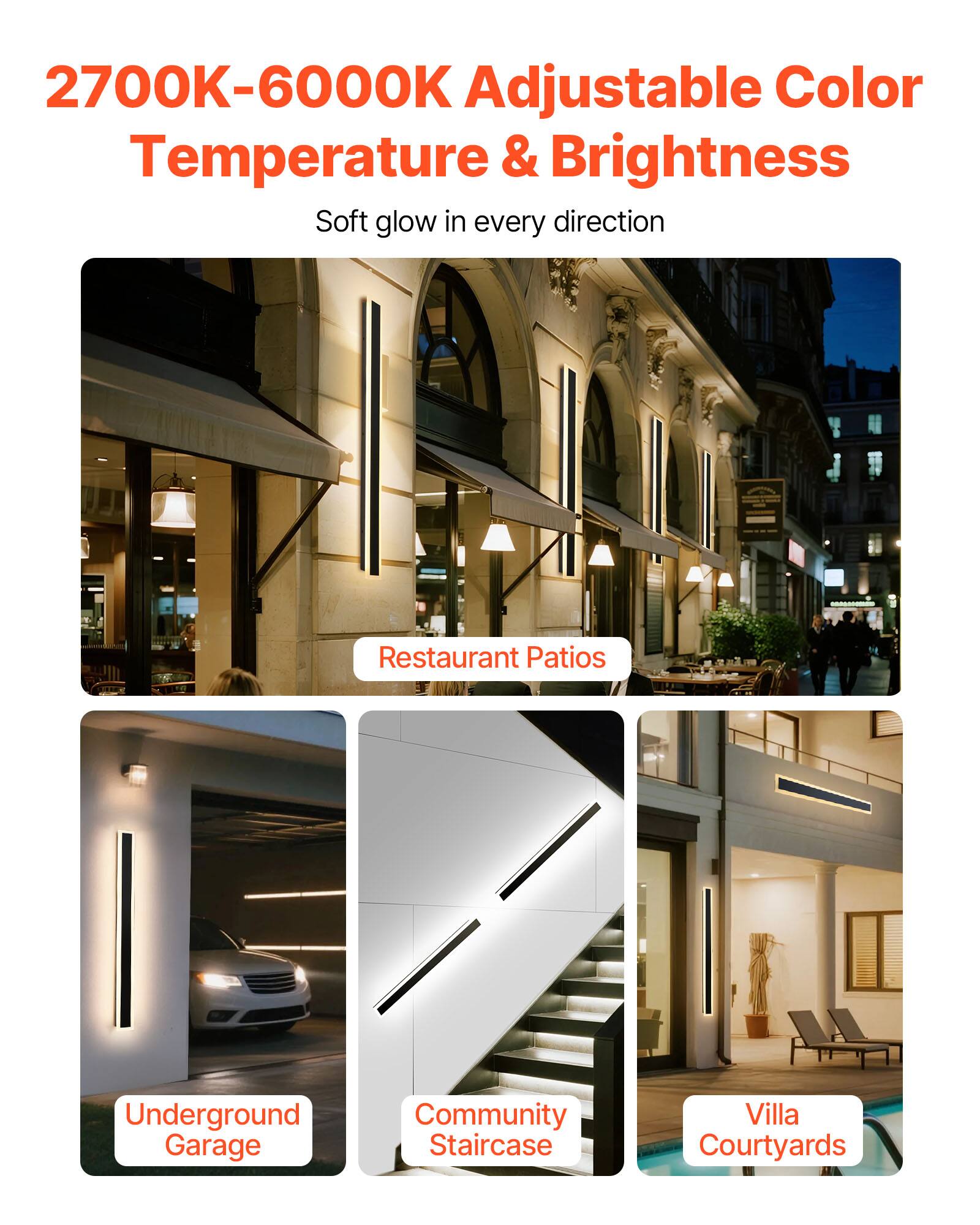 2700K-6000K Adjustable Color Temperature & Brightness  
Soft glow in every direction  

Restaurant Patios  
Underground Garage  
Community Staircase  
Villa Courtyards