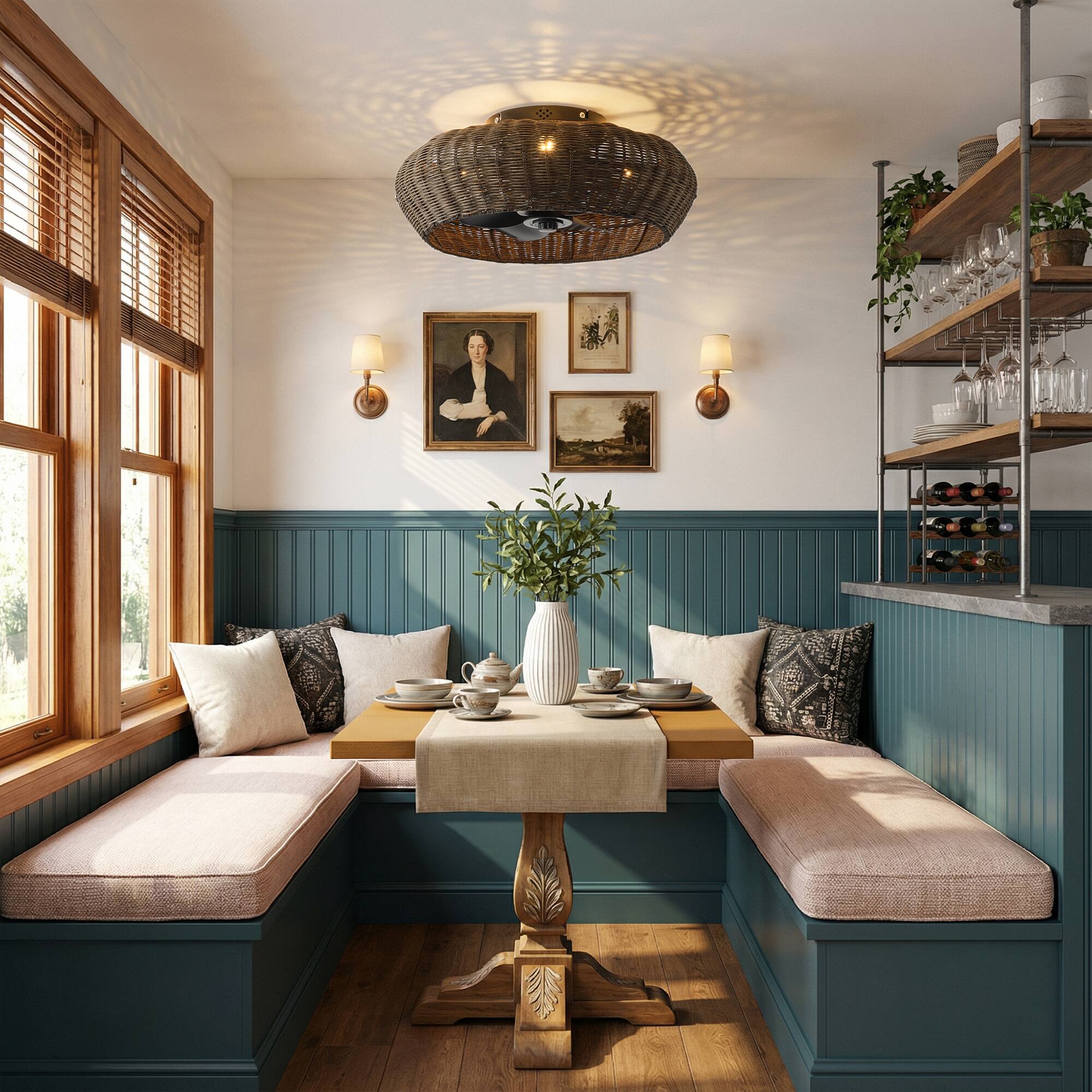 Left. Vaczon - 20" Boho Rattan Caged Ceiling Fan with Light and Remote, 6-Speed Reversible Blades, Low-Profile Flush Mount Ceiling Fan - Espresso Rattan.