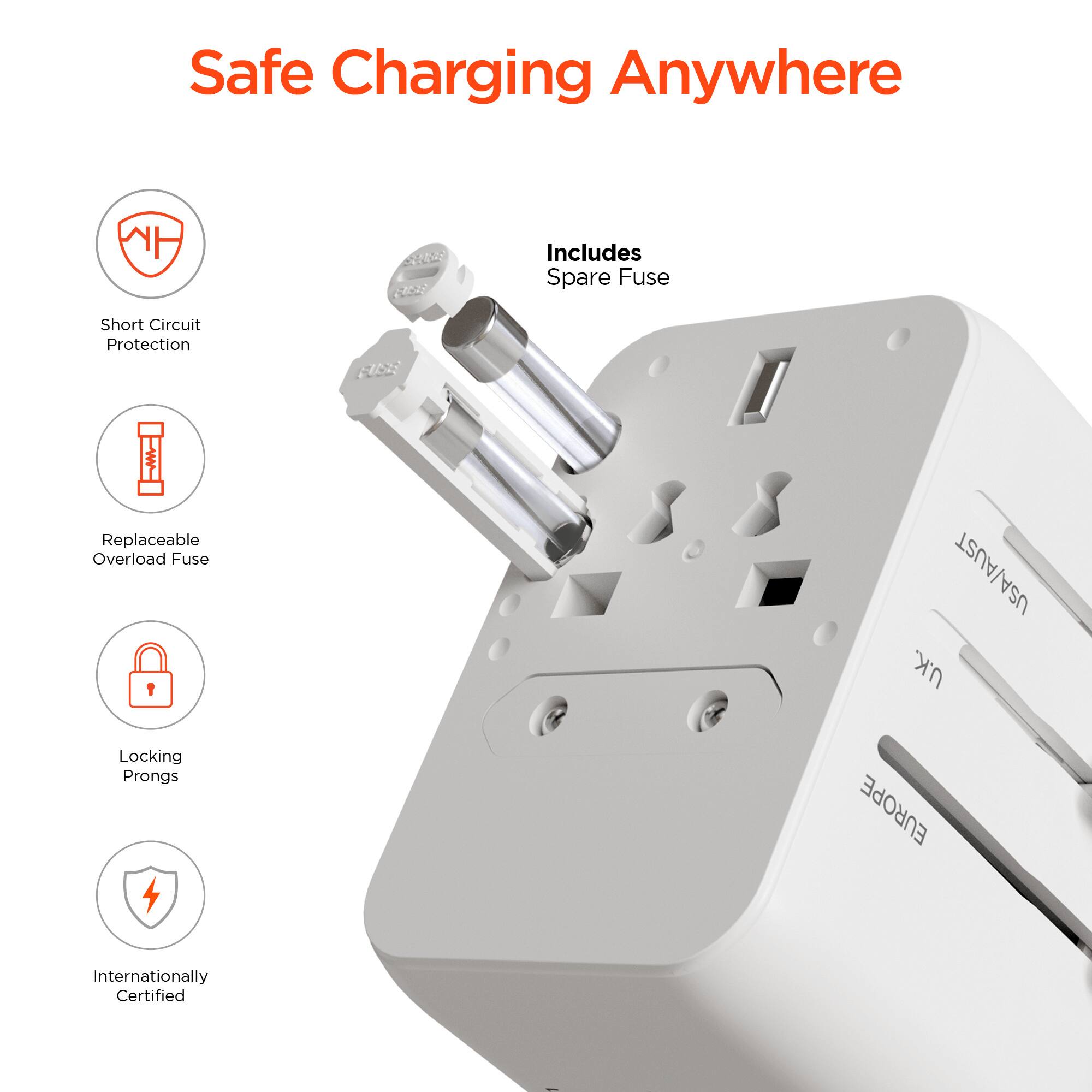 Safe Charging Anywhere

Includes Spare Fuse

- Short Circuit Protection
- Replaceable Overload Fuse
- Locking Prongs
- Internationally Certified

USA/AUST U.K. EUROPE