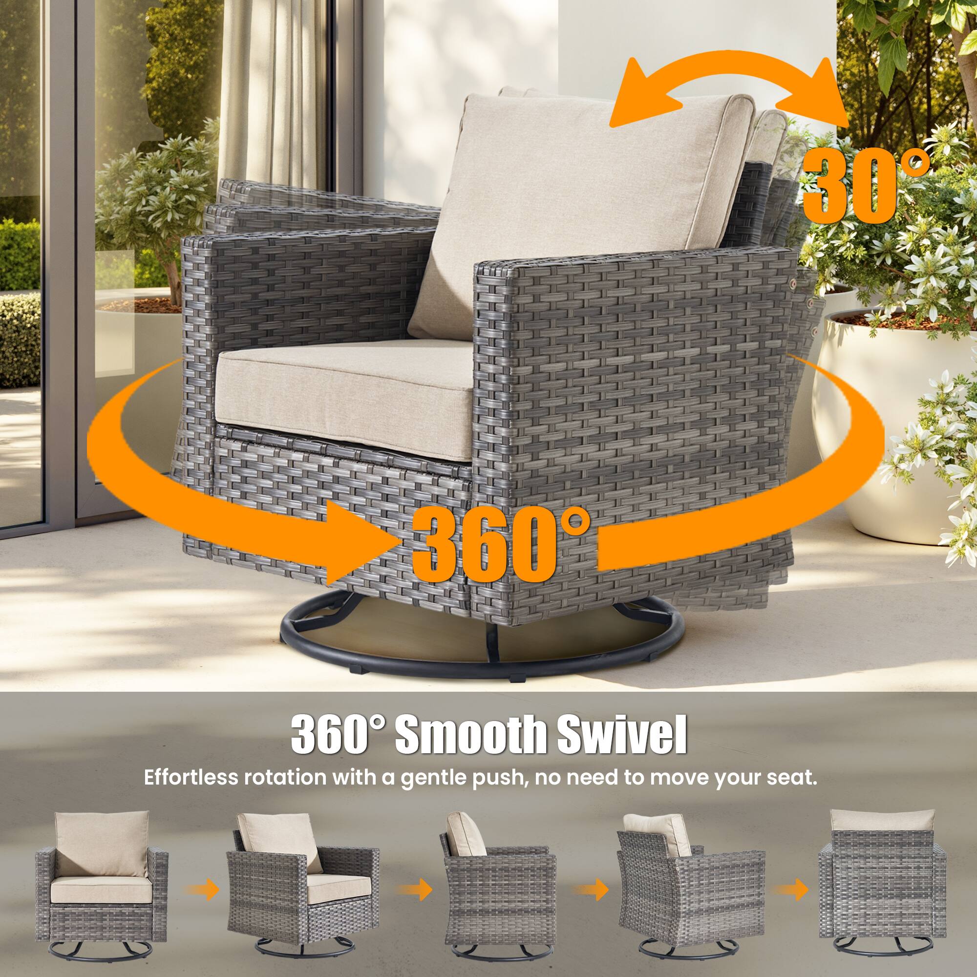 360° Smooth Swivel  
Effortless rotation with a gentle push, no need to move your seat.