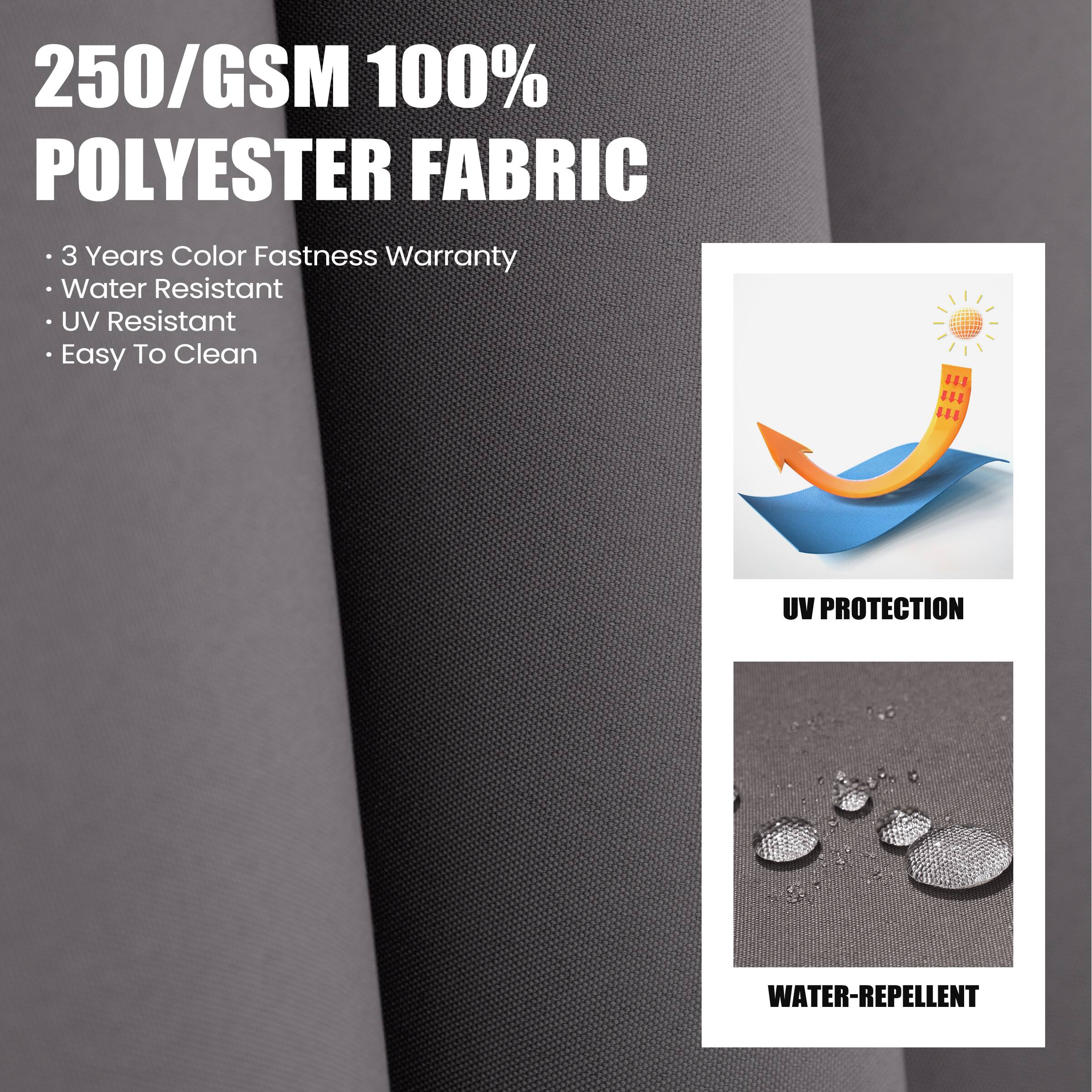250/GSM 100% POLYESTER FABRIC

- 3 Years Color Fastness Warranty
- Water Resistant
- UV Resistant
- Easy To Clean

UV PROTECTION

WATER-REPELLENT