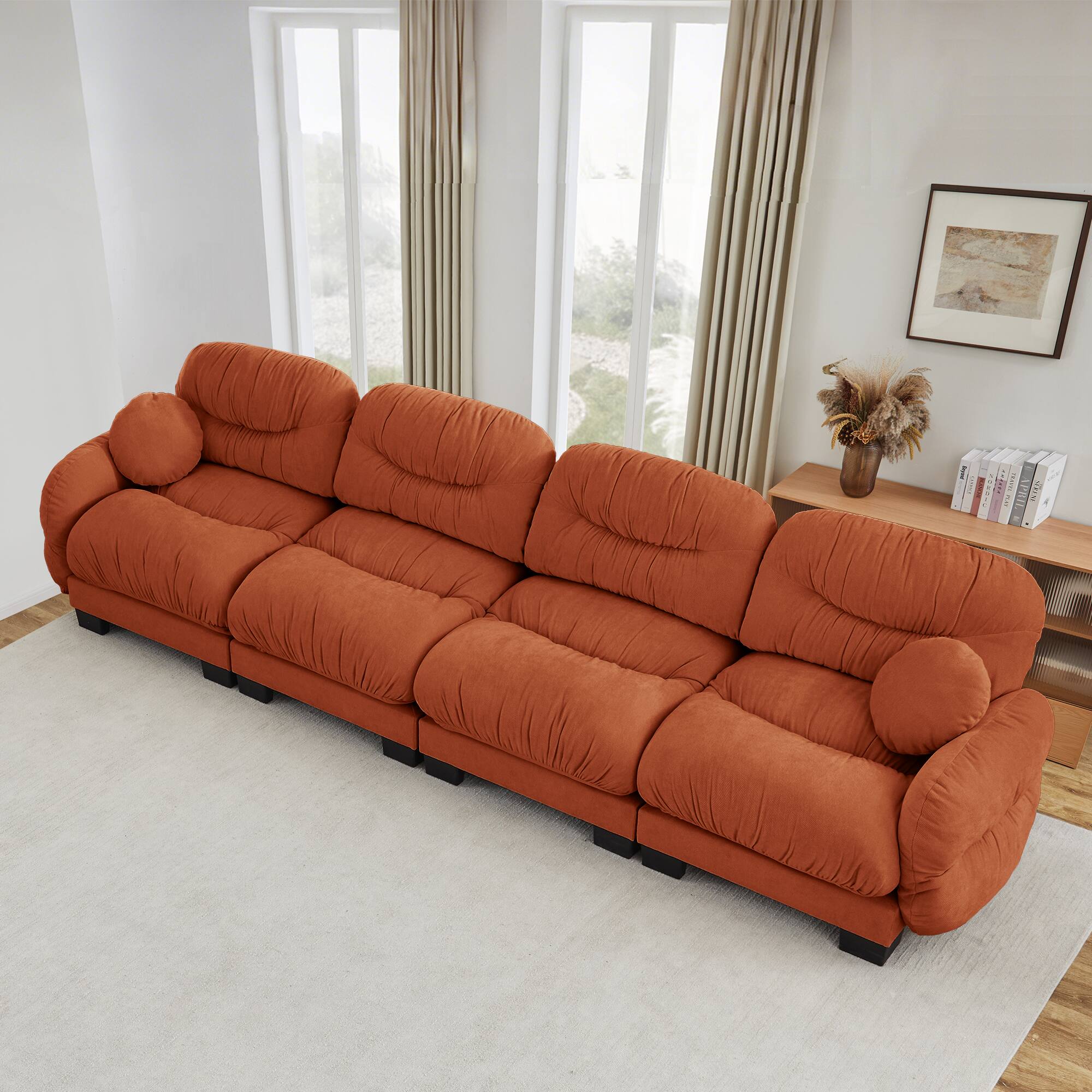 Angle. Anysun - 4 Seater Modular Sofa with Chenille Fabric, High-Density Foam & Curved Armrests, Pleated Design for Living Room - Orange.