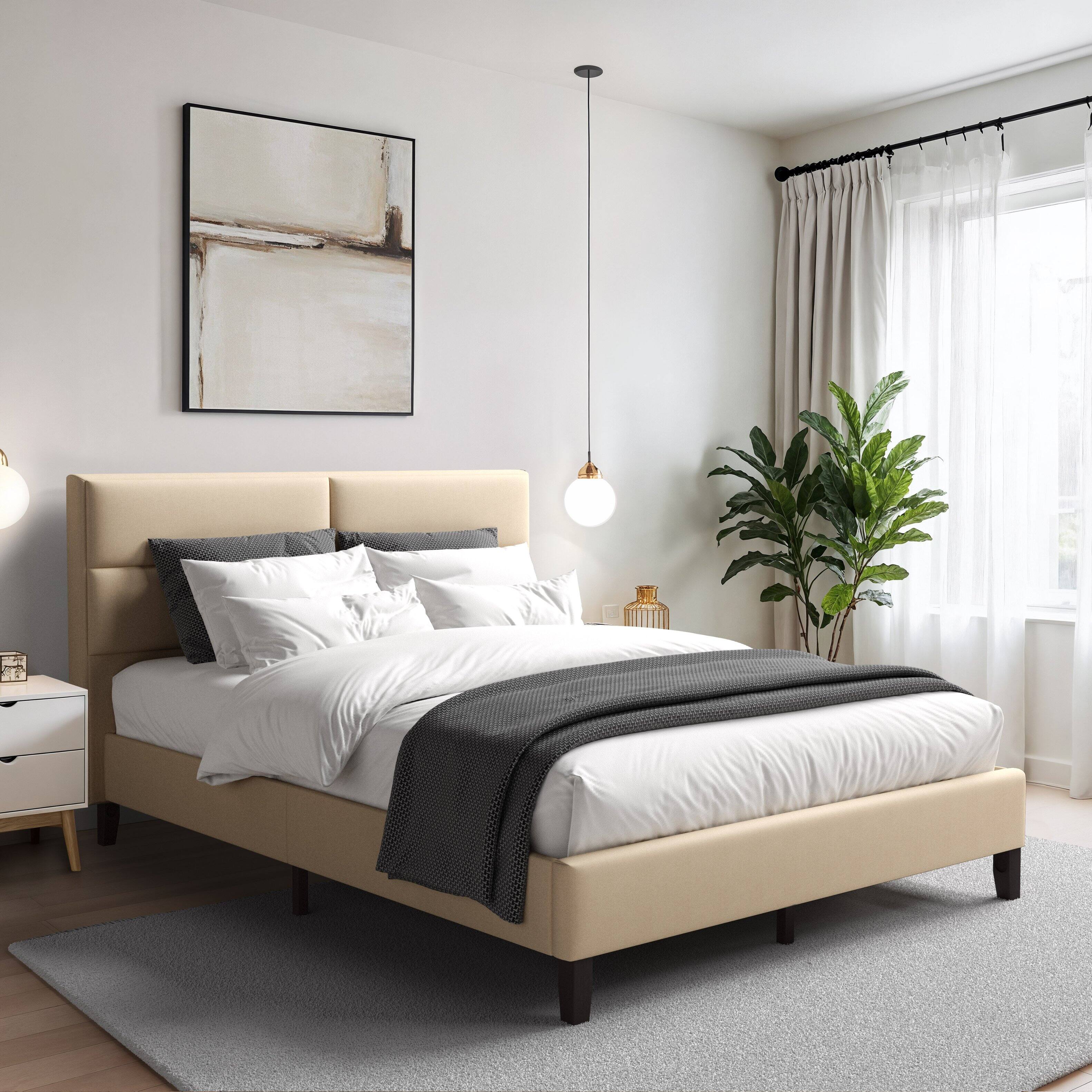 Left. CorLiving - CorLiving Emerson Cream Upholstered Queen Platform Bed Frame with Rectangle Tufted Headboard and Slats - Cream.