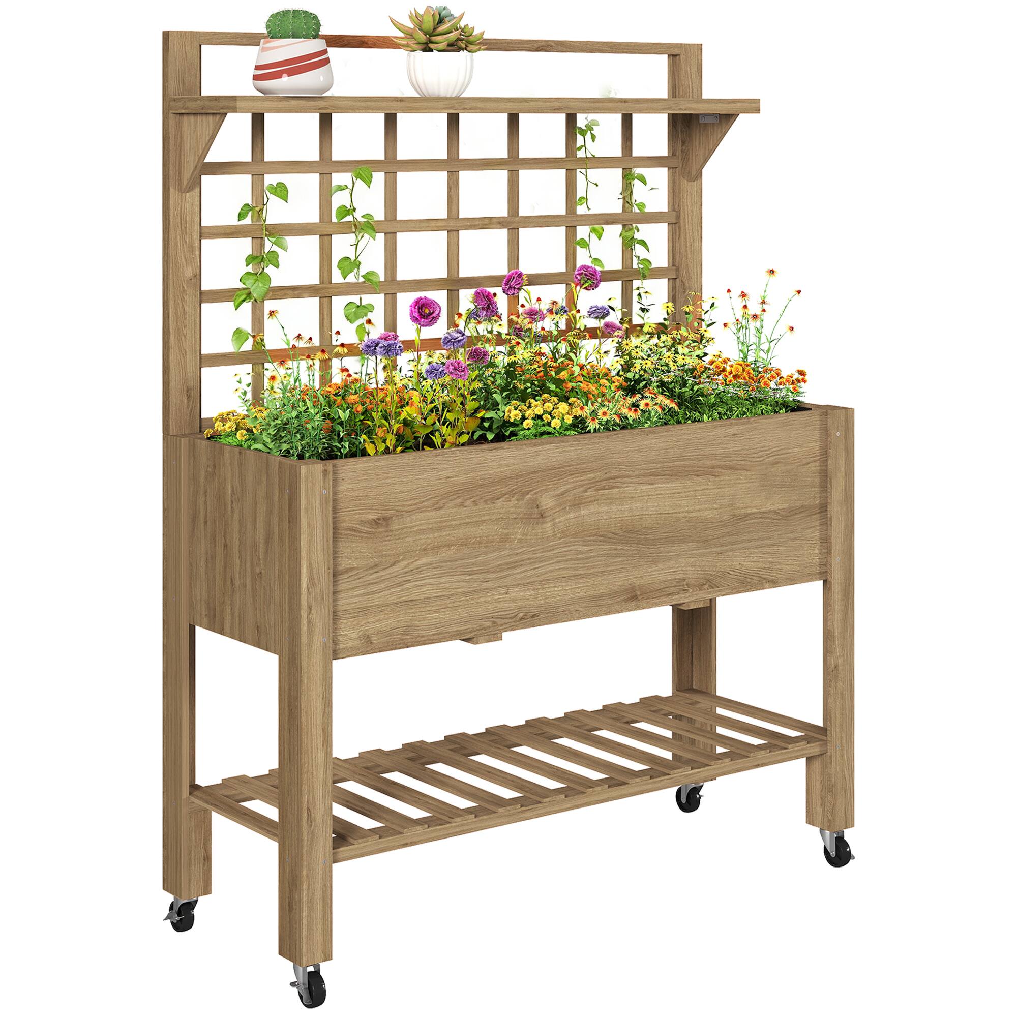 Outsunny - Raised Garden Bed Mobile Elevated Wooden Planter Box Stand with Wheels, Trellis and Storage Shelf - Coffee