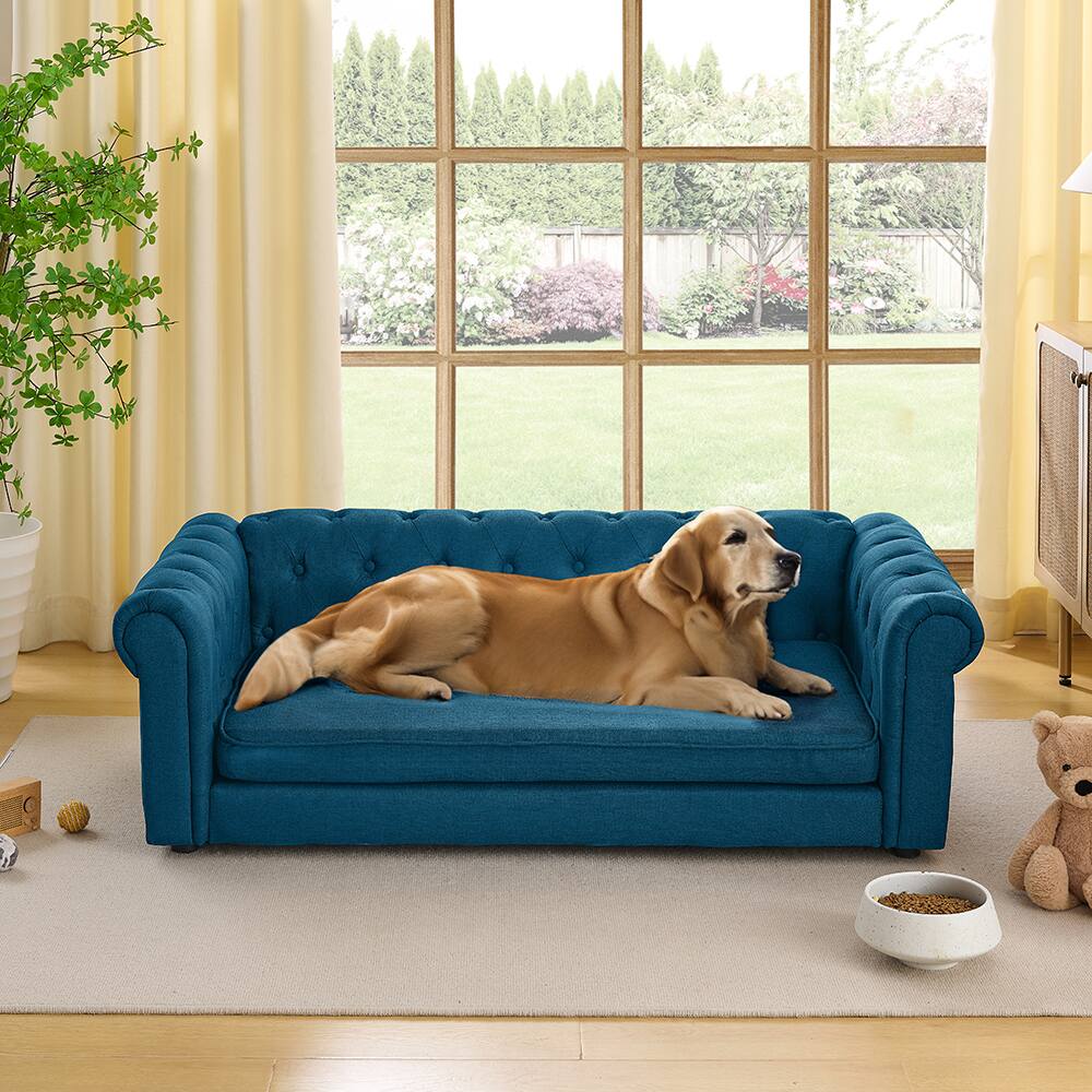 Left. AOSTIRMOTOR - Dark Blue Rectangular Oversized Soft Linen Fabric Elevated Dogs Pet Sofa Bed - Dark Blue.